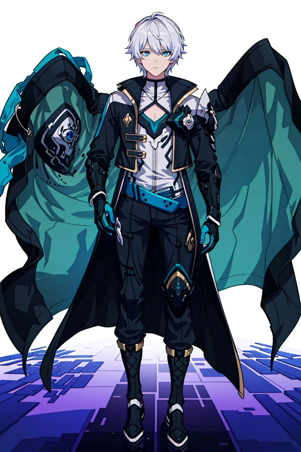  (masterpiece:1.3),(the best quality:1.2),(super fine illustrations:1.2),(Masterpiece),high quality,high detail,(white background:1.2),looking at viewer,(SOLO:1.4),outline,simple background,fullbody,, silver hair,choker,burning,bangs,black coat,hair between eyes,long sleeves,blue theme,shirt,jacket,belt,blue eyes,polearm,holding sword,black pants,black footwear,white hair,male focus,gloves,coat,boots,1boy,