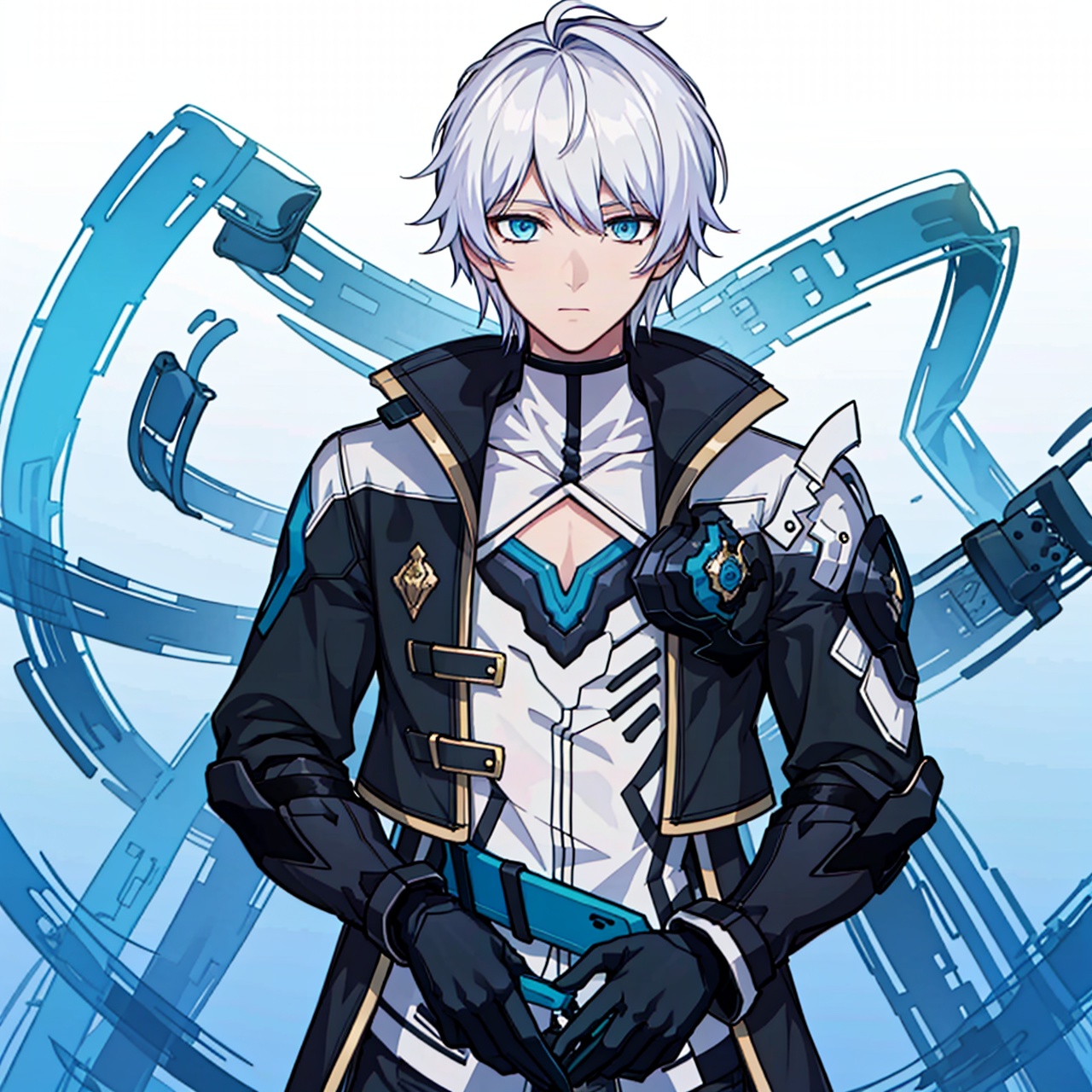  (masterpiece:1.3),(the best quality:1.2),(super fine illustrations:1.2),(Masterpiece),high quality,high detail,(white background:1.2),looking at viewer,(SOLO:1.4),outline,simple background,fullbody,, silver hair,choker,burning,bangs,black coat,hair between eyes,long sleeves,blue theme,shirt,jacket,belt,blue eyes,polearm,holding sword,black pants,black footwear,white hair,male focus,gloves,coat,boots,1boy,