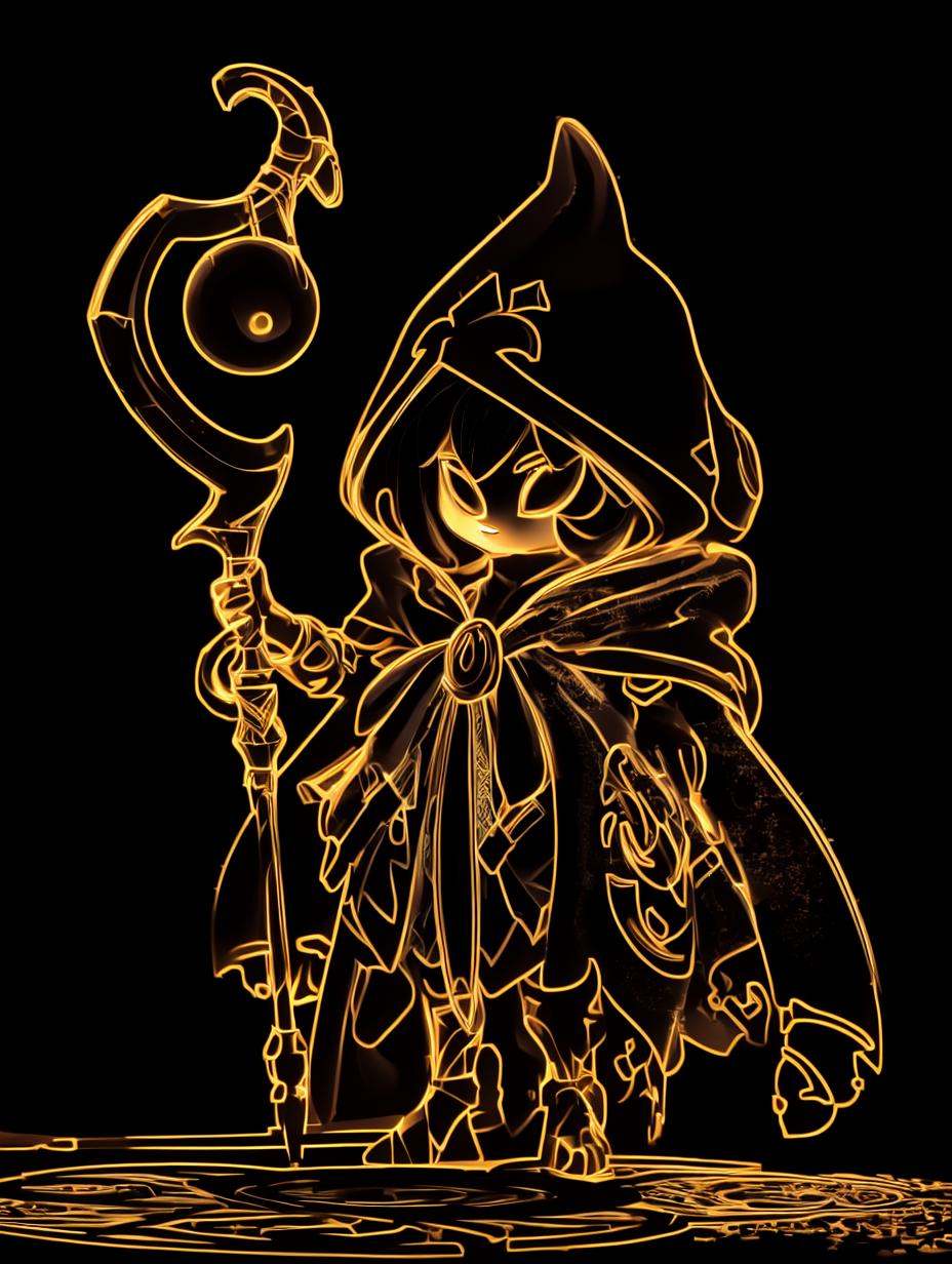 masterpiece,top quality,1girl,solo,hood,weapon,cloak,staff,gun,holding,traditional media,chibi,short hair,<lora:线条Line art :1>,jxiantiao,<lora:lcm-lora-sdv1-5:1>,