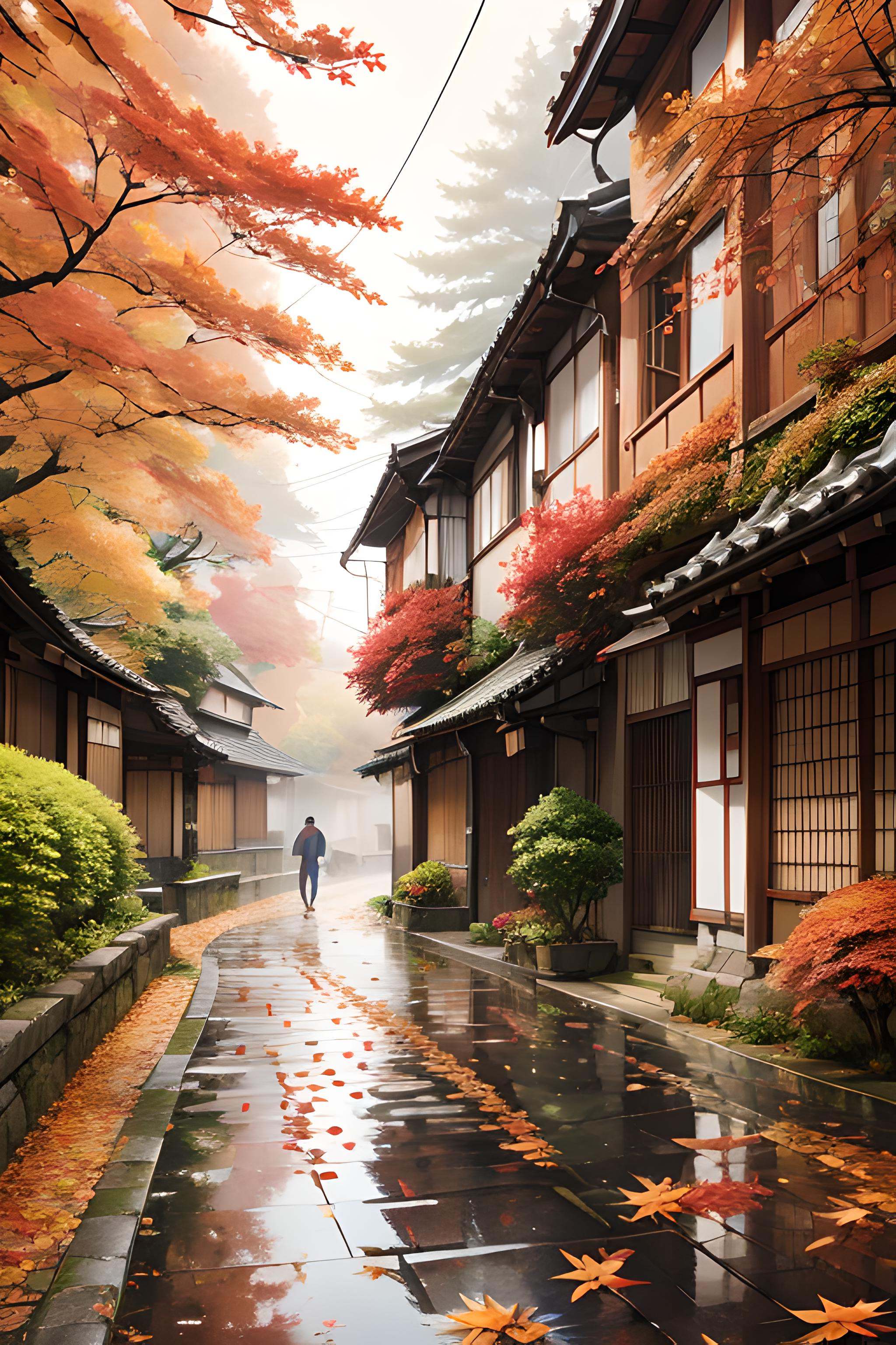 japanese autumn streets,  orange and red leaves,  rain on Tensor.Art
