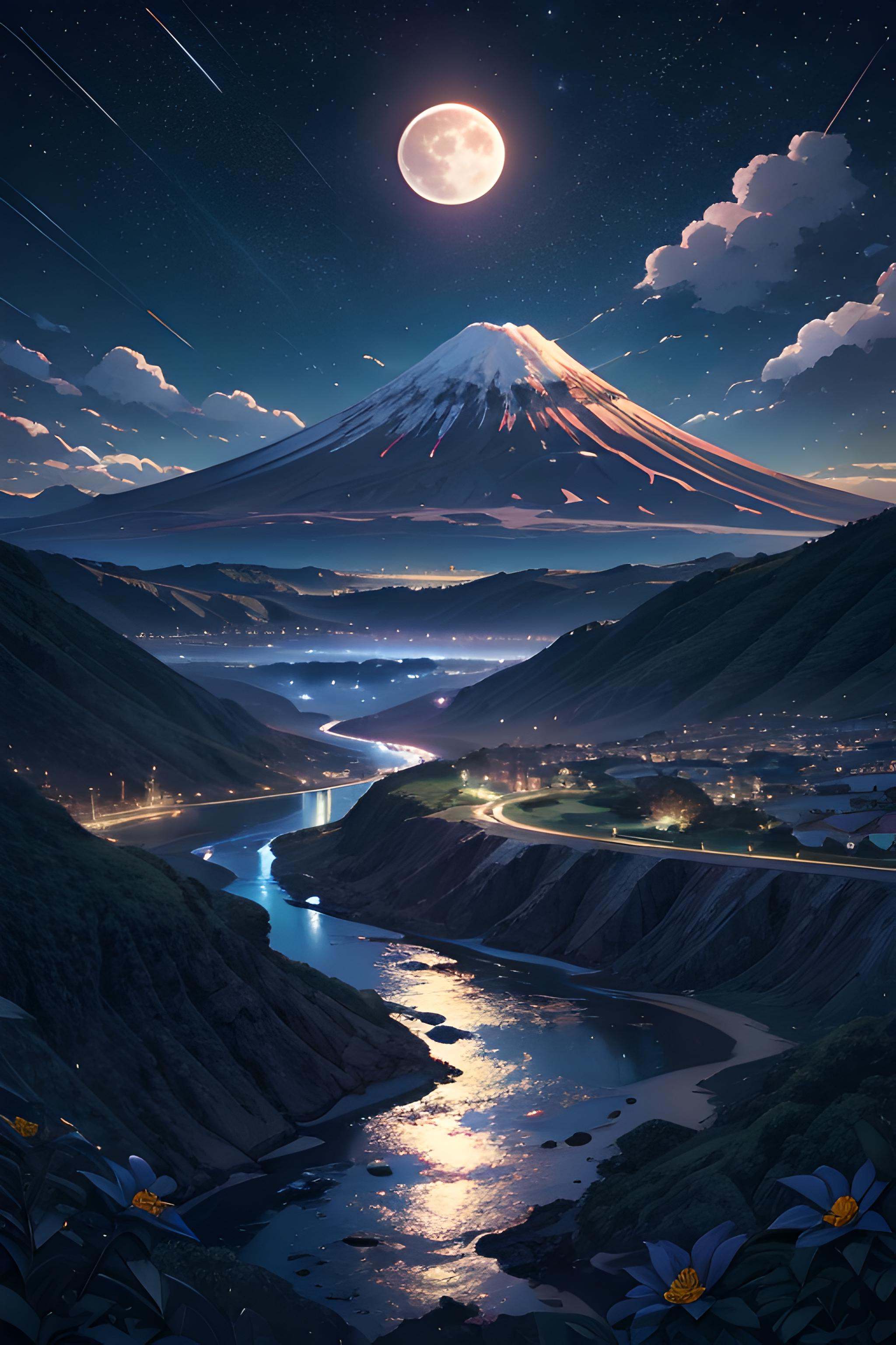 a night scene with a full moon in the sky,  detailed digital anime art,  volcano valley on Tensor.Art