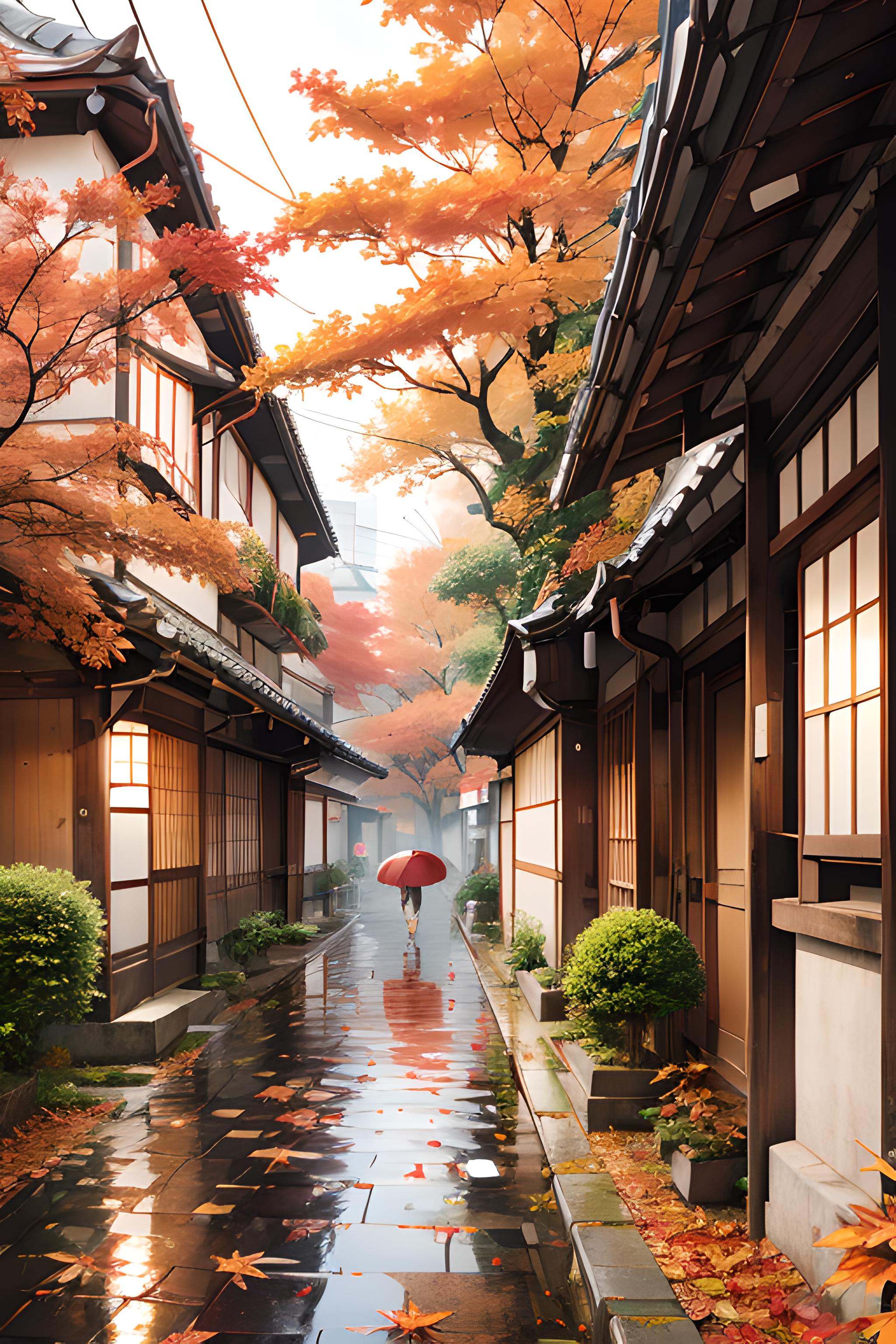 japanese autumn streets,  orange and red leaves,  rain on Tensor.Art