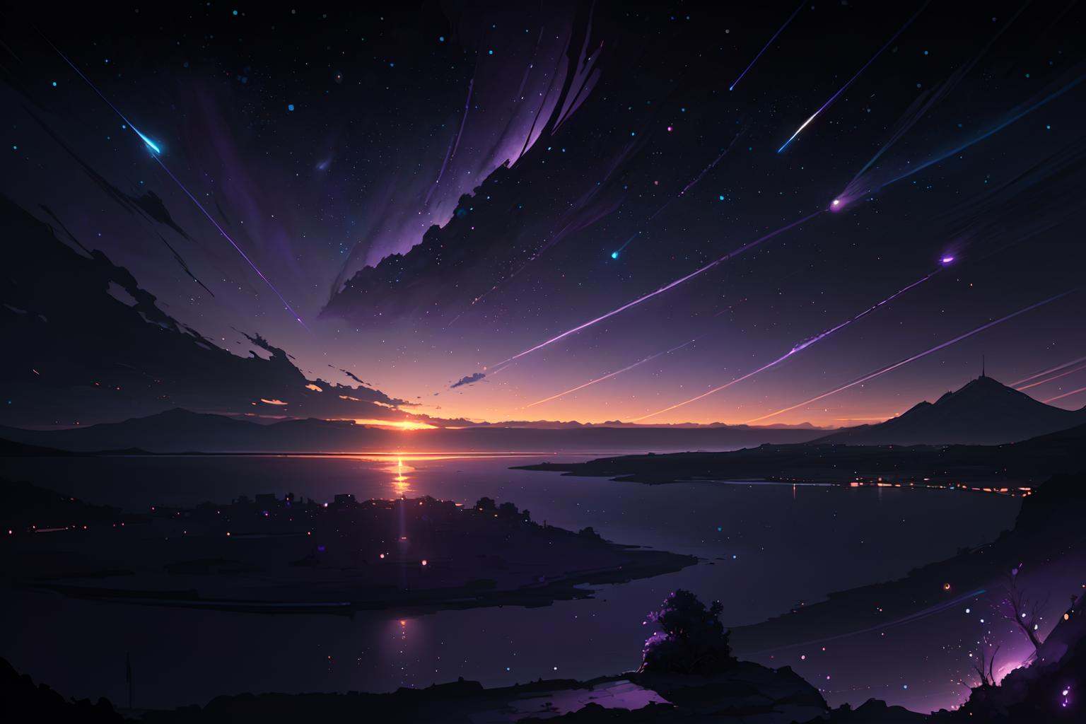 a painting of a sunset over a body of water,  cosmic skies. by makoto shinkai,  colorful night sky on Tensor.Art