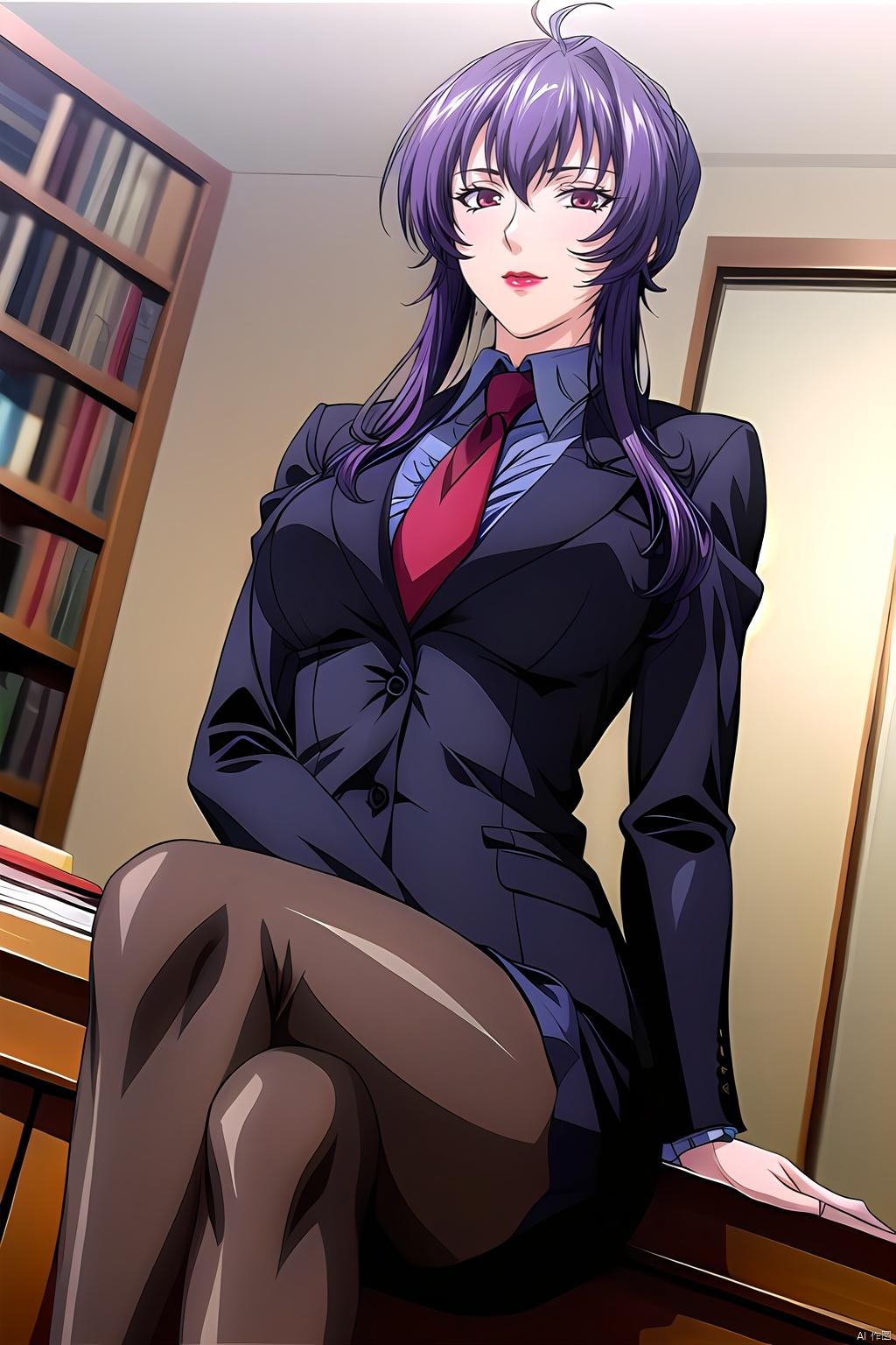 yuanshen, 1girl, solo, purple hair, necktie, formal, suit, book, lipstick, red eyes, makeup, ahoge,sitting,crossed_legs,nice hands, perfect balance, (looking at viewer:1.5), closed mouth, (Light_Smile:0.3), official art, extremely detailed CG unity 8k wallpaper, perfect lighting, Colorful, Bright_Front_face_Lighting, White skin, (masterpiece:1), (best_quality:1), ultra high res, 4K, ultra-detailed, photography, 8K, HDR, highres, absurdres:1.2, Kodak portra 400, film grain, blurry background, bokeh:1.2, lens flare, (vibrant_color:1.2), professional photograph, (narrow_waist), dark studio