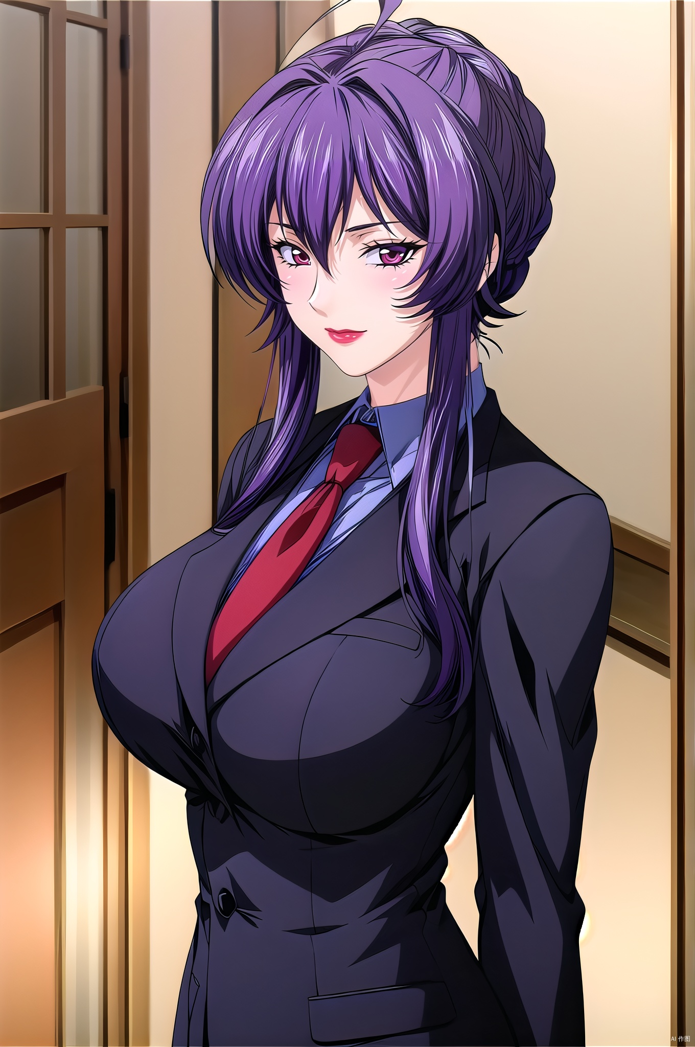 yuanshen, 1girl, solo, purple hair, necktie, formal, suit, book, lipstick, red eyes, makeup, ahoge, (huge breasts:0.9),(upper_body:1.5),nice hands, perfect balance,  (looking at viewer:1.5),  closed mouth,  (Light_Smile:0.3),  official art,  extremely detailed CG unity 8k wallpaper,  perfect lighting,  Colorful,  Bright_Front_face_Lighting,  White skin,  (masterpiece:1),  (best_quality:1),  ultra high res,  4K,  ultra-detailed,  photography,  8K,  HDR,  highres,  absurdres:1.2,  Kodak portra 400,  film grain,  blurry background,  bokeh:1.2,  lens flare,  (vibrant_color:1.2),  professional photograph,  (narrow_waist), dark studio