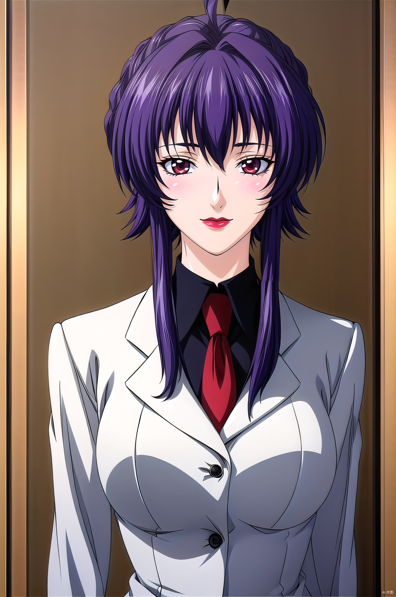 yuanshen, 1girl, solo, purple hair, necktie, formal, suit, book, lipstick, red eyes, makeup, ahoge,(upper_body:1.5),nice hands, perfect balance,  (looking at viewer:1.5),  closed mouth,  (Light_Smile:0.3),  official art,  extremely detailed CG unity 8k wallpaper,  perfect lighting,  Colorful,  Bright_Front_face_Lighting,  White skin,  (masterpiece:1),  (best_quality:1),  ultra high res,  4K,  ultra-detailed,  photography,  8K,  HDR,  highres,  absurdres:1.2,  Kodak portra 400,  film grain,  blurry background,  bokeh:1.2,  lens flare,  (vibrant_color:1.2),  professional photograph,  (narrow_waist), dark studio