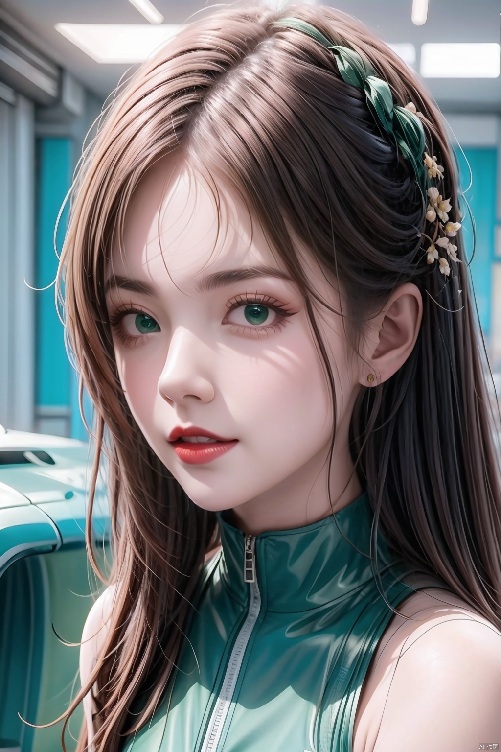 The original realistic portrait of a beautiful girl. She has a petite frame, red and wavy hair that just falls past her shoulders, surrounding a circular face with softness. her naturally arched red eyebrows over bright green eyes that look almost blue in some lights.  21yo girl, office lady,pencil skirt, red lips, glint sparkle, circular face, racing driver