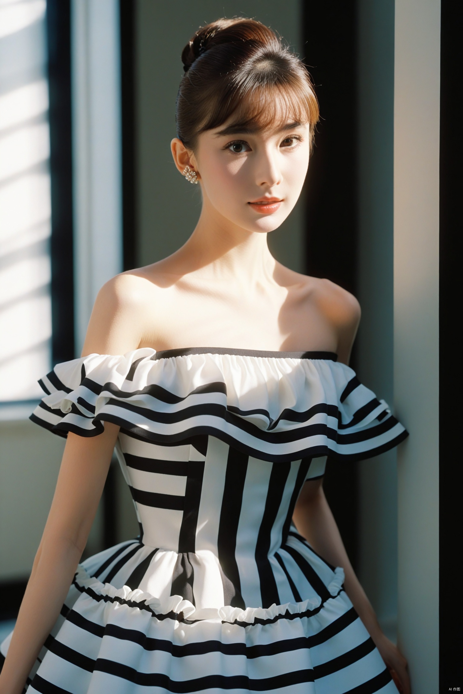  (masterpiece, best quality, hyper realistic, raw photo, ultra detailed, extremely detailed, intricately detailed), (photorealistic:1.4), (photography of Audrey Hepburn wearing a fashionable Striped off-the-shoulder ruffle hem dress, designed by Hubert de Givenchy, ), (smile), fairy, pure, innocent, beauty, (slender), super model, adr, Breakfast at Tiffany's, Sabrina, (glide_fashion), depth of field, (full shot), film grain, zeiss lens, symmetrical, 8k resolution,octanerender(OC渲染), extremely high-resolution details, fine texture, dynamicangle,fashion(时尚), fashion,, monkren, sunlight