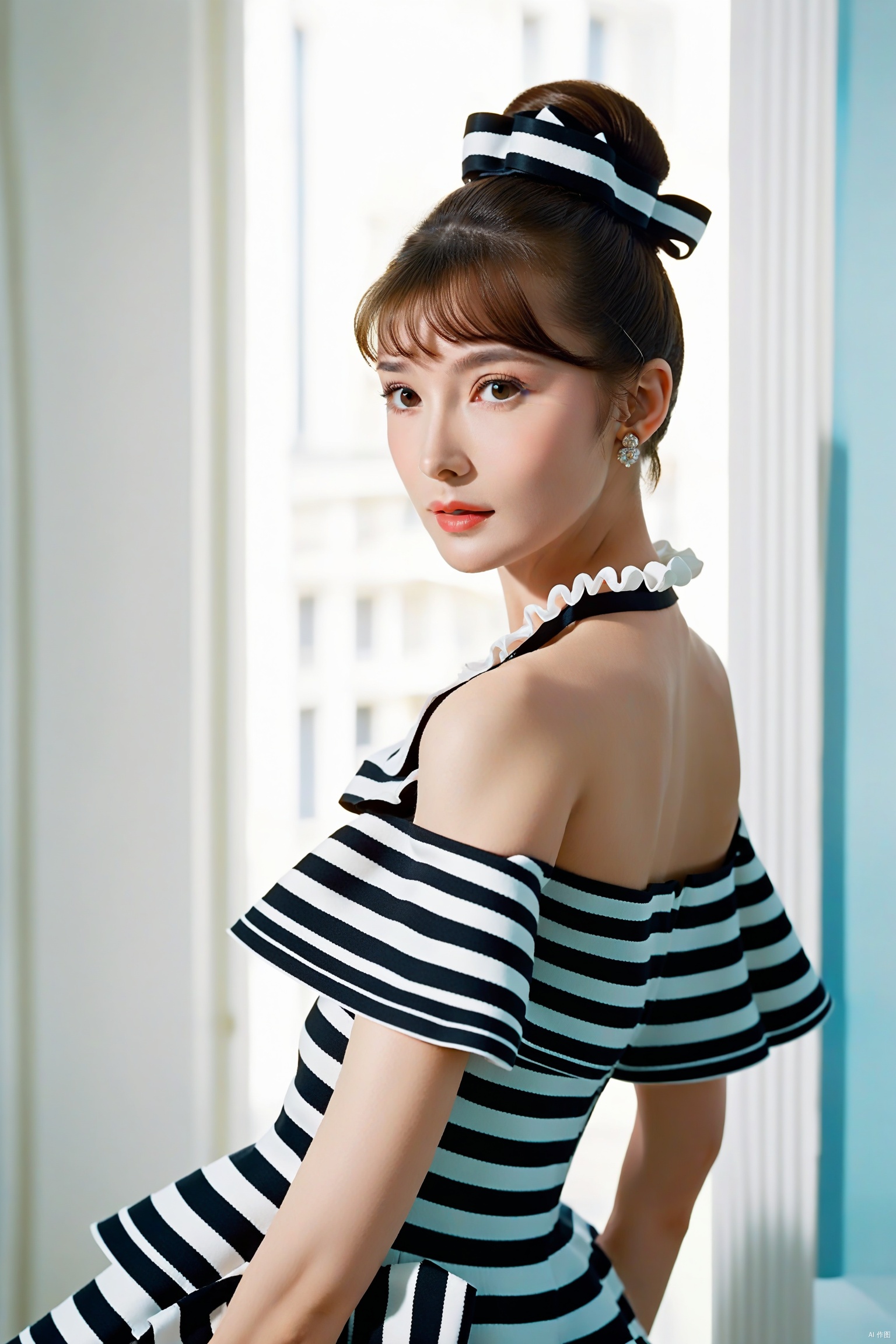  (masterpiece, best quality, hyper realistic, raw photo, ultra detailed, extremely detailed, intricately detailed), (photorealistic:1.4), (photography of Audrey Hepburn wearing a fashionable Striped off-the-shoulder ruffle hem dress, designed by Hubert de Givenchy, ), (smile), fairy, pure, innocent, beauty, (slender), super model, adr, Breakfast at Tiffany's, Sabrina, (glide_fashion), depth of field, (full shot), film grain, zeiss lens, symmetrical, 8k resolution,octanerender(OC渲染), extremely high-resolution details, fine texture, dynamicangle,fashion(时尚), fashion,,
