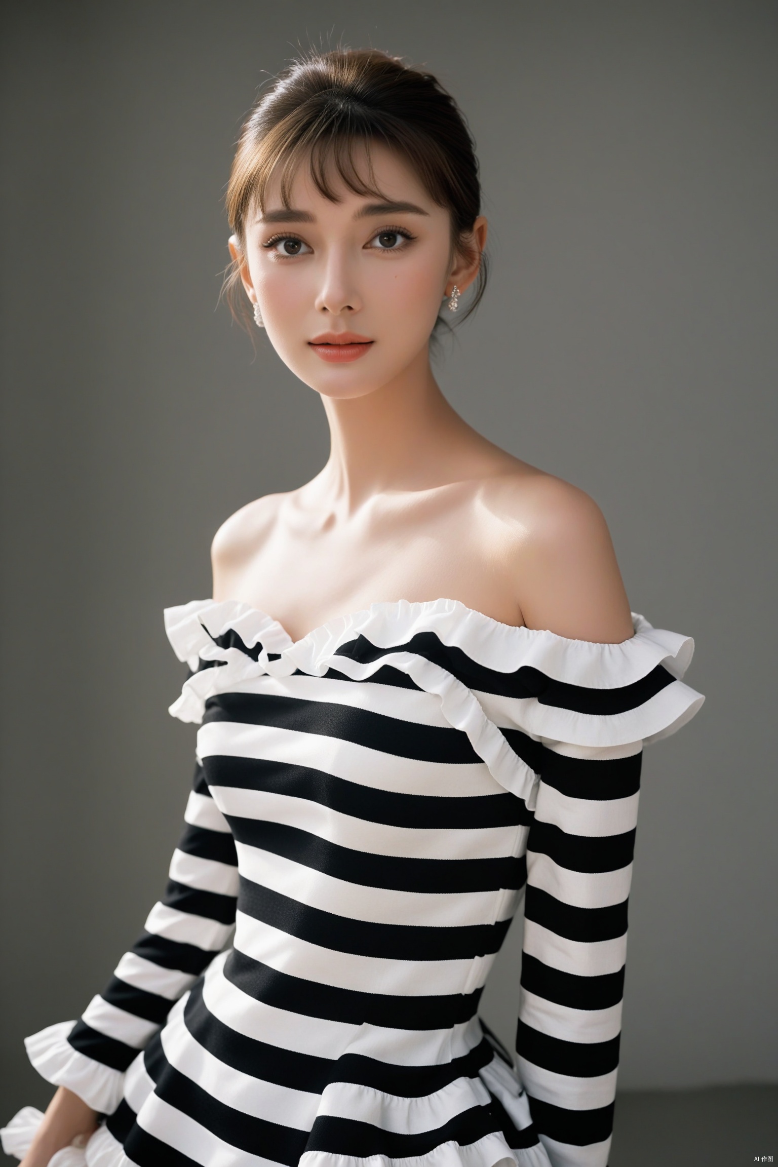 (masterpiece, best quality, hyper realistic, raw photo, ultra detailed, extremely detailed, intricately detailed),(photorealistic:1.4),(photography of Audrey Hepburn wearing a fashionable Striped off-the-shoulder ruffle hem dress, designed by Hubert de Givenchy, ), excited, amused, striped long sleeve shirt, sexy, beautiful, young, dslr, 8k, 4k, ultrarealistic, realistic, natural skin, textured skin, 60s, Pantheonfashion,