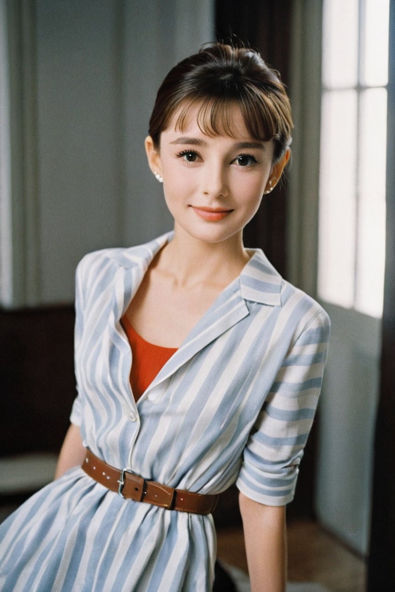 (masterpiece, best quality, hyper realistic, raw photo, ultra detailed, extremely detailed, intricately detailed),(photorealistic:1.4),(photography of Audrey Hepburn wearing a fashionable Striped shirt dress with belt, designed by Hubert de Givenchy),(smile),fairy,pure,innocent,beauty,(slender),super model,adr,Breakfast at Tiffany's,Sabrina,(glide_fashion),depth of field,(full shot),film grain,zeiss lens,symmetrical,8k resolution,octane render,extremely high-resolution details,fine texture,dynamic angle,<lora:Breakfast at Tiffany's XL:0.8>,<lora:ACh XL:1>,<lora:Better Detail:0.65>,