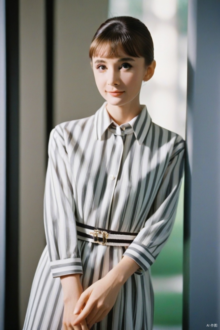  (masterpiece, best quality, hyper realistic, raw photo, ultra detailed, extremely detailed, intricately detailed),(photorealistic:1.4),(photography of Audrey Hepburn wearing a fashionable Striped shirt dress with belt, designed by Hubert de Givenchy),(smile),fairy,pure,innocent,beauty,(slender),super model,adr,Breakfast at Tiffany's,Sabrina,(glide_fashion),depth of field,(full shot),film grain,zeiss lens,symmetrical,8k resolution,octane render,extremely high-resolution details,fine texture,dynamic angle,,,,
