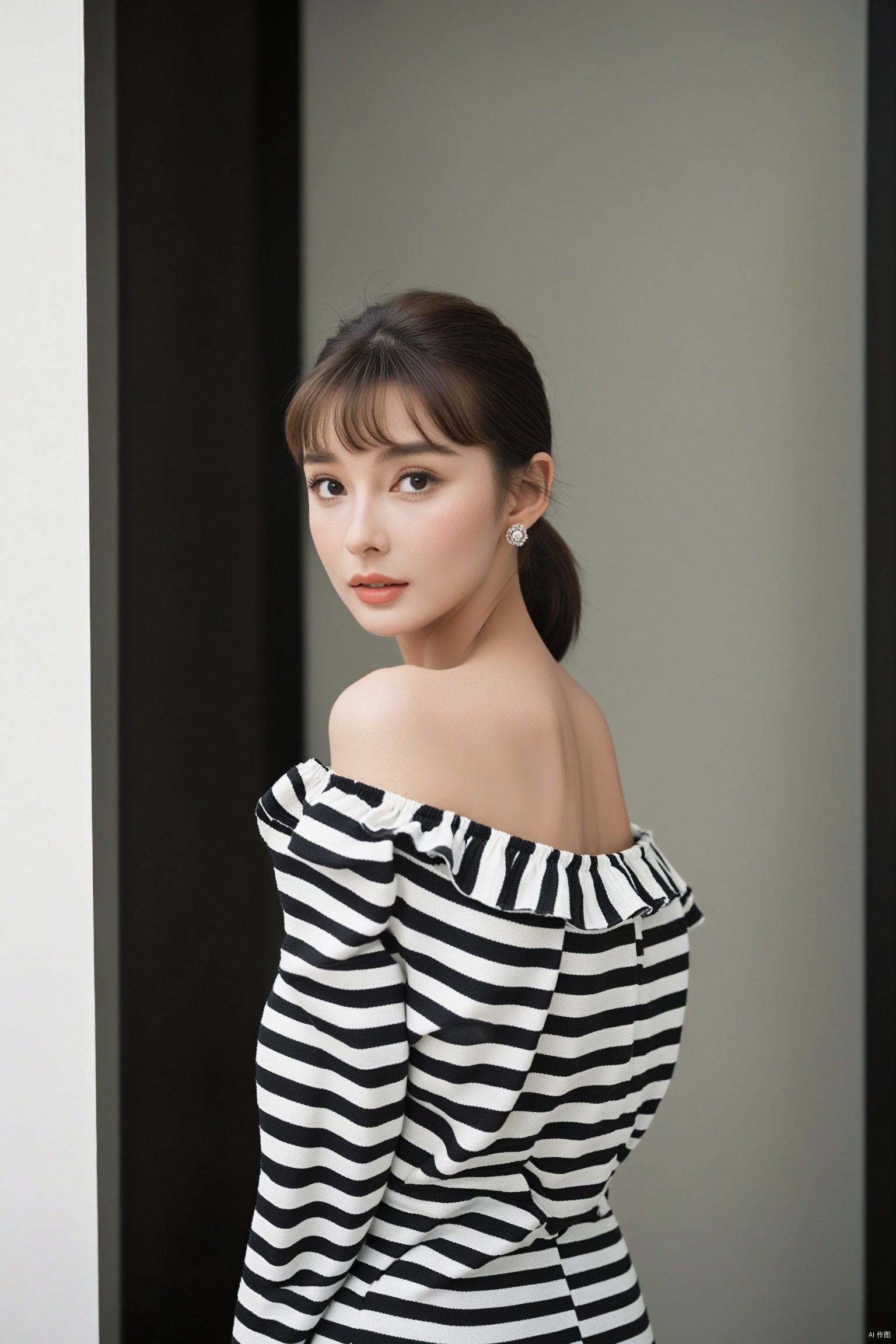 (masterpiece, best quality, hyper realistic, raw photo, ultra detailed, extremely detailed, intricately detailed),(photorealistic:1.4),(photography of Audrey Hepburn wearing a fashionable Striped off-the-shoulder ruffle hem dress, designed by Hubert de Givenchy, ), excited, amused, striped long sleeve shirt, sexy, beautiful, young, dslr, 8k, 4k, ultrarealistic, realistic, natural skin, textured skin, 60s, Pantheonfashion,