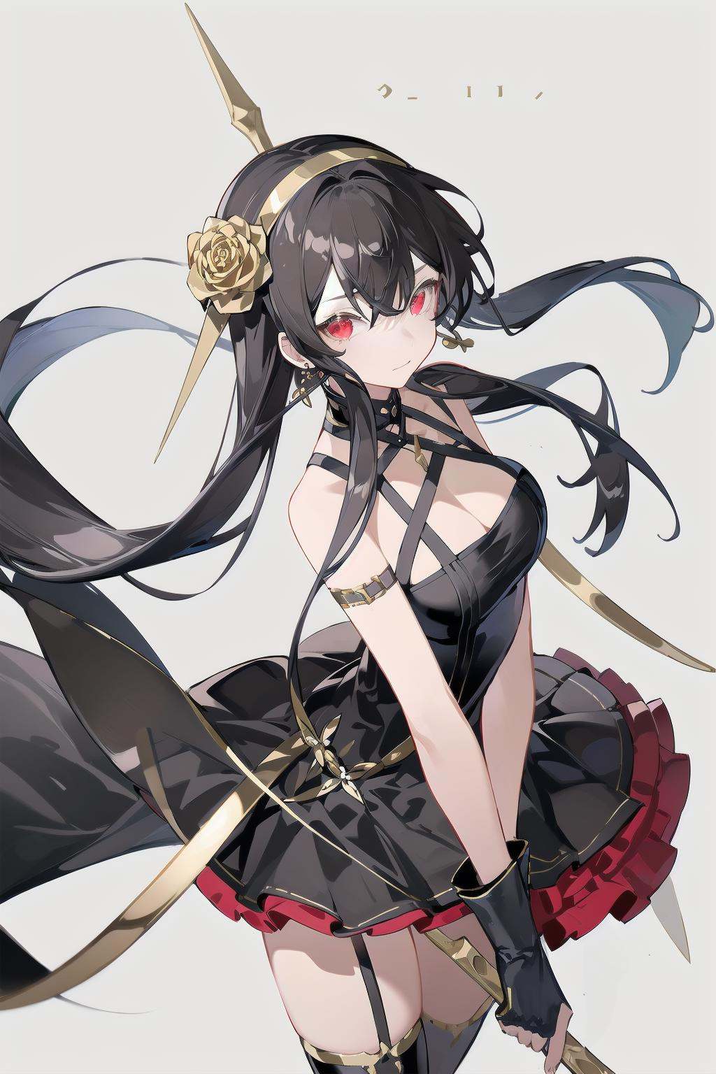 -siki, 1girl, yor briar, solo, breasts, dress, red eyes, hairband, black hair, black dress, weapon, gloves, gold hairband, holding, thighhighs, hair ornament, fingerless gloves, cleavage, flower, looking at viewer, holding weapon, black gloves, large breasts, jewelry, two-sided dress, earrings, two-sided fabric, bare shoulders, sidelocks, hair flower, simple background, black thighhighs, dagger, closed mouth, rose, long hair, bangs, white background, knife, cowboy shot, dual wielding, gold earrings, hair between eyes<lora:siki-000018:0.8>,
