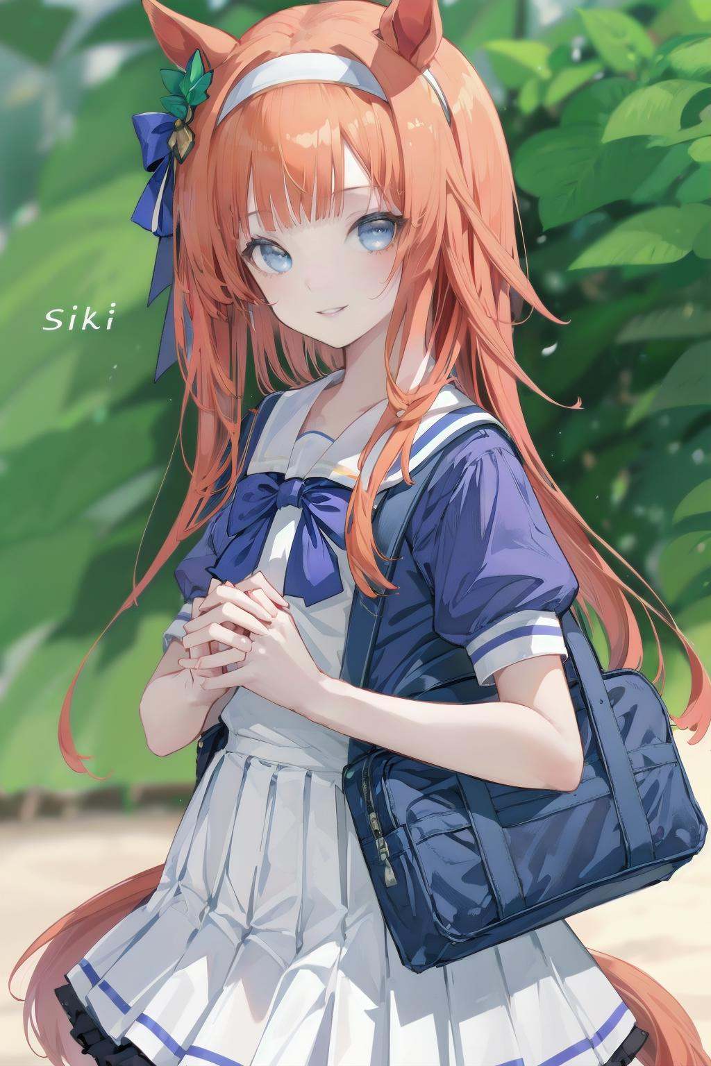 -siki, 1girl, solo, white skirt, animal ears, horse ears, skirt, silence suzuka \(umamusume\), long hair, tail, bag, short sleeves, school uniform, horse girl, shirt, horse tail, school bag, tracen school uniform, looking at viewer, orange hair, hairband, sailor collar, bowtie, blurry background, bow, bangs, smile, blurry, puffy short sleeves, blue eyes, puffy sleeves, pleated skirt, ear covers, purple shirt, white hairband, cowboy shot, character name, outdoors, parted lips, own hands together, interlocked fingers<lora:siki-000018:0.8>,