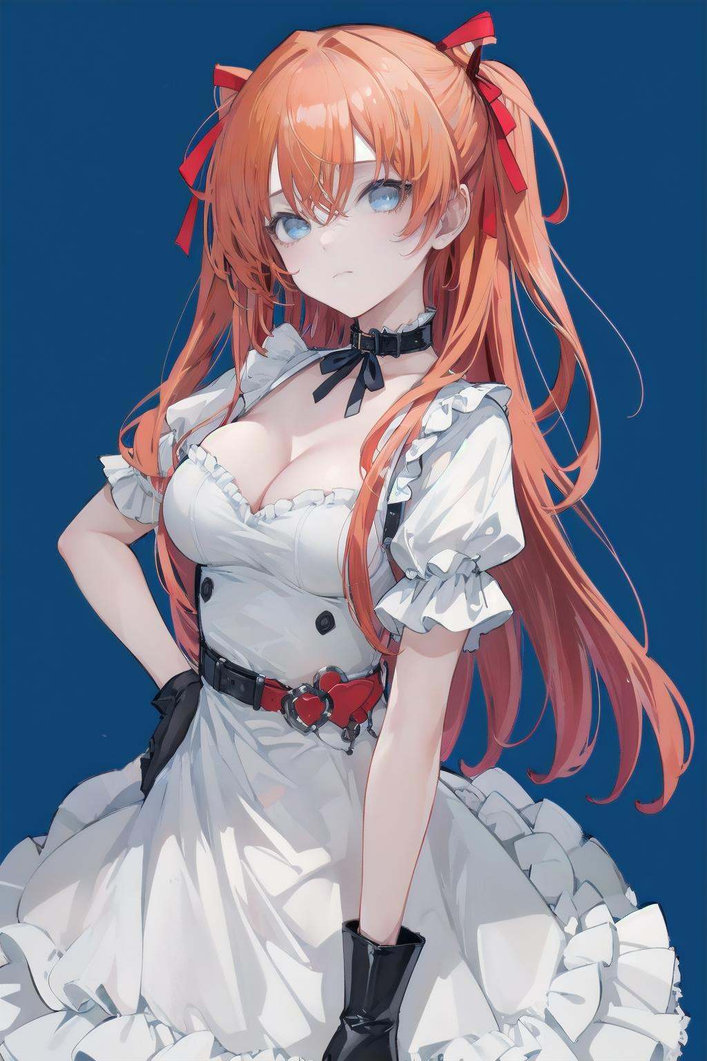 -siki, 1girl, breasts, solo, blue eyes, souryuu asuka langley, long hair, orange hair, looking at viewer, frills, cleavage, blue background, simple background, ribbon, short sleeves, red ribbon, gloves, hair ribbon, skirt, closed mouth, bangs, two side up, frilled sleeves, puffy short sleeves, choker, hair between eyes, white skirt, hand on hip, black gloves, puffy sleeves, medium breasts, between breasts, collar, dress, belt, alternate costume, large breasts<lora:siki-000018:0.8>,