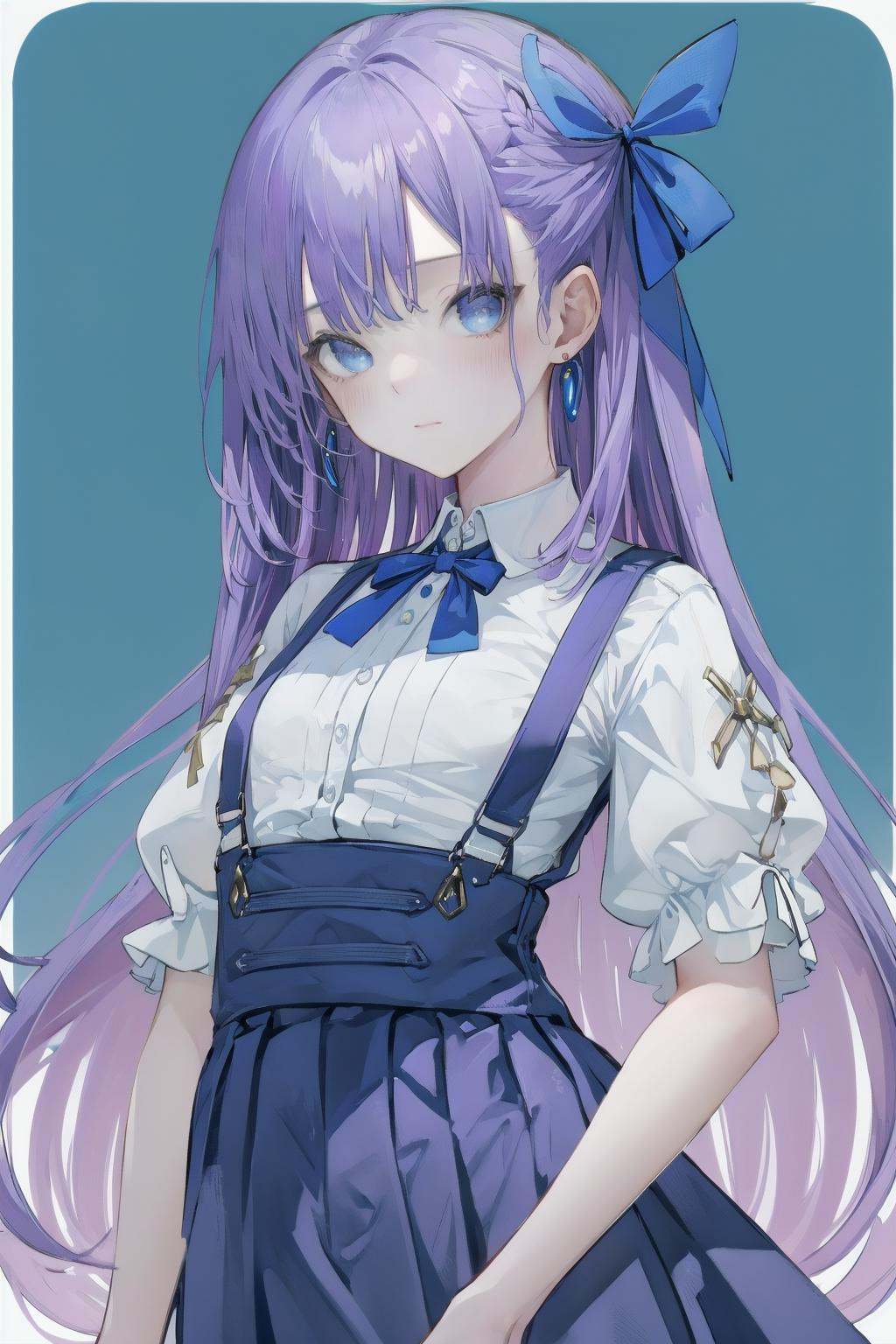-siki, 1girl, purple hair, long hair, meltryllis \(fate\), blue eyes, breasts, solo, shirt, small breasts, ribbon, bangs, white shirt, looking at viewer, jewelry, blue ribbon, suspenders, hair ribbon, very long hair, earrings, high-waist skirt, skirt, collared shirt, suspender skirt, short sleeves, blue skirt, blush, dress shirt, puffy sleeves<lora:siki-000018:0.8>,