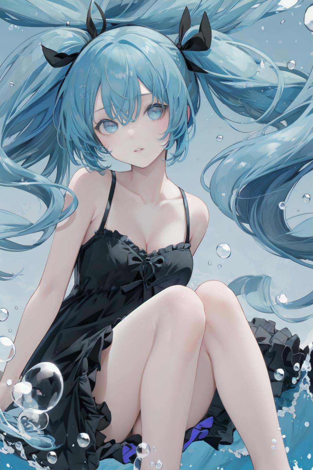 -siki, 1girl, solo, dress, hatsune miku, long hair, blue eyes, blue hair, black dress, twintails, underwater, parted lips, looking at viewer, bubble, collarbone, very long hair, bangs, breasts, feet out of frame, sleeveless, sleeveless dress, small breasts, air bubble, cleavage, black ribbon, ribbon, sitting, knees up, black bow, hair ribbon, floating hair, hair bow, frilled dress, bow, hair between eyes, bare shoulders, frills<lora:siki-000018:0.8>,