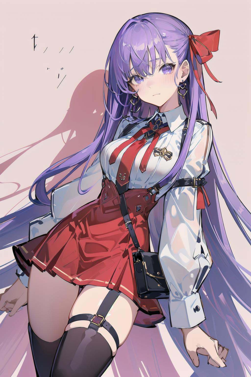 -siki, 1girl, solo, long hair, earrings, ribbon, jewelry, skirt, purple hair, red ribbon, thighhighs, shirt, purple eyes, breasts, white shirt, looking at viewer, red skirt, long sleeves, heart earrings, heart, very long hair, high-waist skirt, white thighhighs, bb \(fate/extra\), bangs, hair ribbon, bb \(fate\), collared shirt, blush, large breasts, zettai ryouiki, closed mouth, neck ribbon, cowboy shot, necktie, puffy sleeves, shadow, simple background, thigh strap, holding, pink background, thighs<lora:siki-000018:0.8>,