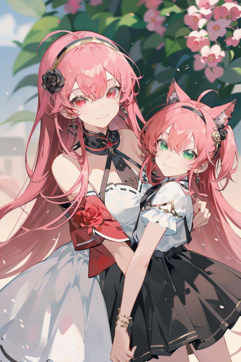 -siki, anya \(spy x family\), female child, multiple girls, yor briar, 2girls, jewelry, red eyes, white skirt, long hair, green eyes, child, shirt, pink hair, smile, looking at viewer, black hair, earrings, hairband, skirt, off shoulder, white hairband, off-shoulder shirt, bangs, v, closed mouth, blurry background, red shirt, eden academy school uniform, hair ornament, flower, bare shoulders, bracelet, gold earrings, hair flower, blurry, hair between eyes, dress, ahoge, short sleeves, school uniform<lora:siki-000018:0.8>,