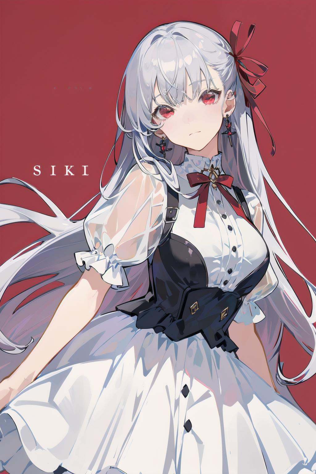 (masterpiece:1.2),best quality,PIXIV,siki,1girl,solo,earrings,jewelry,red eyes,red background,breasts,ribbon,long hair,looking at viewer,hair ribbon,simple background,kama \(fate\),matou sakura,bangs,large breasts,short sleeves,black dress,red ribbon,see-through,closed mouth,dress,grey hair,white hair,puffy sleeves,buttons,red bow,bow,<lora:siki-000018:0.8>,