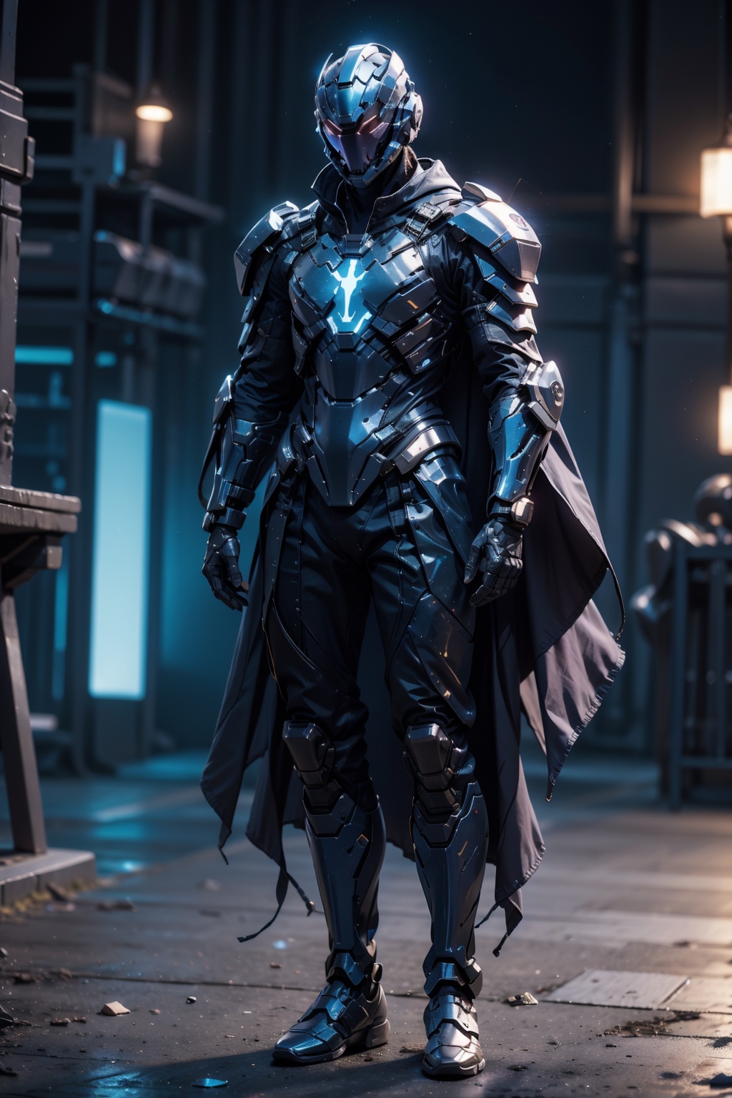 1man,armor,blue glowing armor,full body,Glowing cloak,<lora:AgainMix_v1.4Cyber:1>,