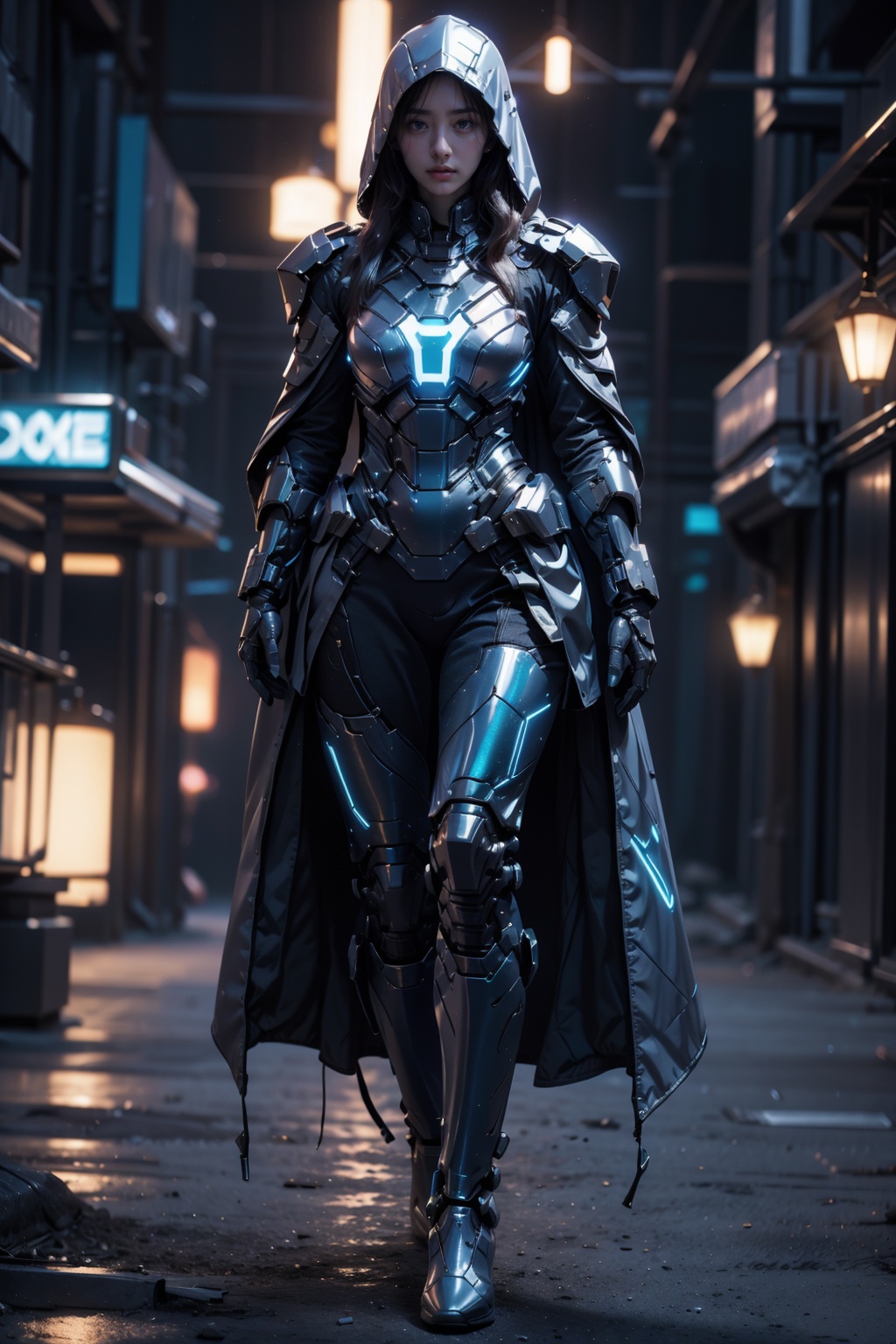 1woman,armor,blue glowing armor,full body,Glowing cloak,<lora:AgainMix_v1.4Cyber:1>,