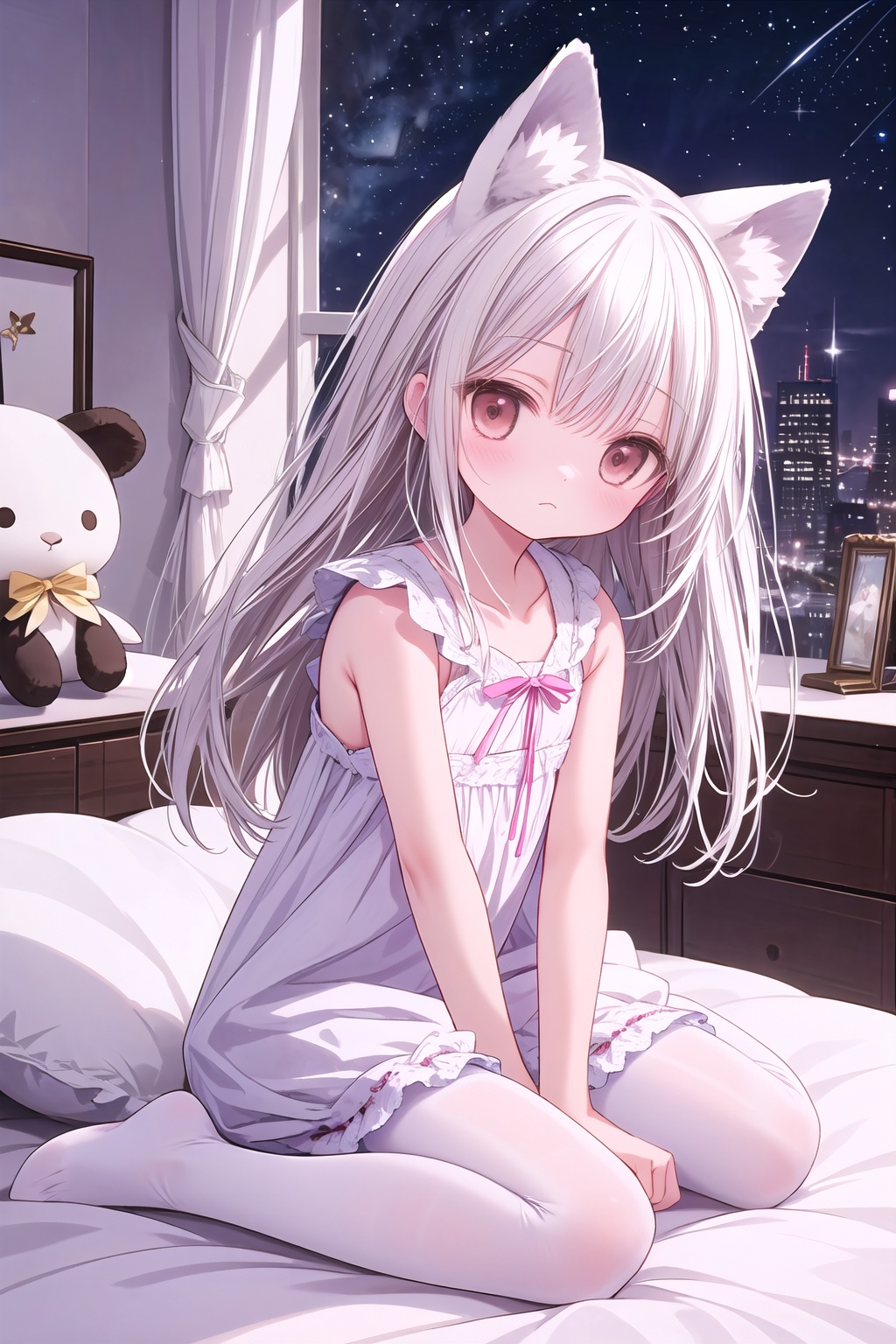 Loli,solo focus,full body,sitting,dynamic angle,white hair,flat chest,frilled,3yo,brown hair,long hair,night,starry sky,dark,sleepy,want to sleep,animal ears hood,A young girl in pajamas holding a large stuffed animal,with a shy expression on her face,in a bedroom setting,The composition should exude a blend of sensuality and innocence,The background should be visually captivating,oyama_mahiro,white pantyhose,