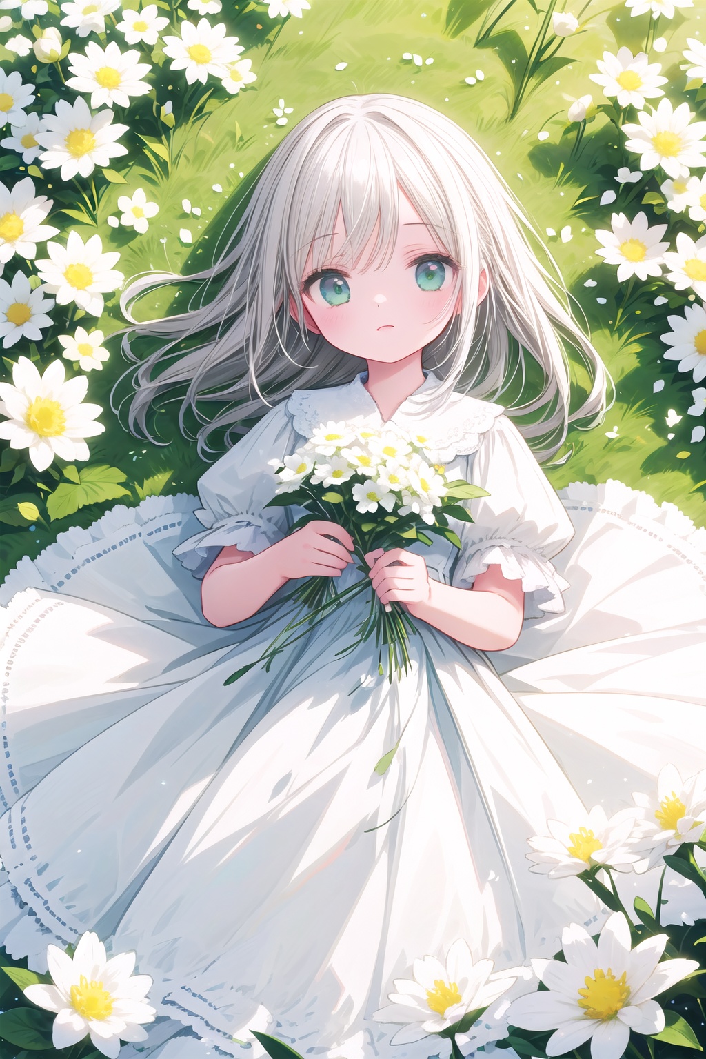 official art,8k wallpaper,ultra detailed,High quality,best quality),white flowers,1girl,from above,bird's-eye_view,vintage filter,among flowers,backlight,limited_palette,white,field s of flowers,