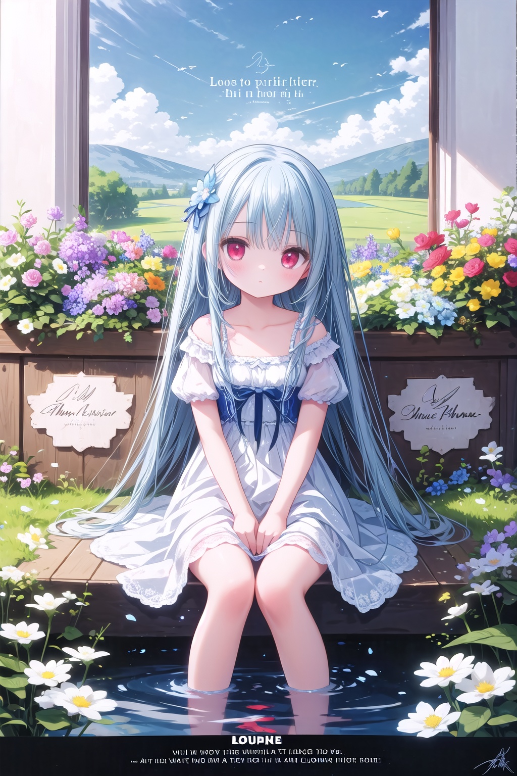 best quality,masterpiece,illustration,(reflection light),incredibly absurdres,(Movie Poster),(signature:1.3),(English text:1.3),1girl,girl middle of flower,pure skyblue hair,red eyes,clear sky,outside,collarbone,loli,sitting,absurdly long hair,clear boundaries of the cloth,white dress,fantastic scenery,ground of flowers,thousand of flowers,colorful flowers,flowers around her,various flowers,