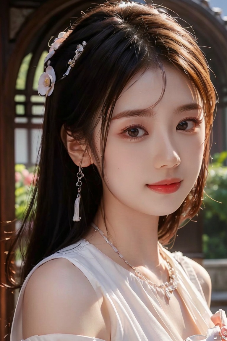  DSLR, (Good structure), HDR, UHD, 8K, A real person, Highly detailed, best quality, masterpiece, 1girl, realistic, Highly detailed, (EOS R8, 50mm, F1.2, 8K, RAW photo:1.2), ultra realistic 8k, (best illumination, best shadow, extremely delicate and beautiful), (official art, beautiful and aesthetic:1.2), solo, 1girl, , Wind, flowing hair, kind smile, , pose for picture, Dynamic pose, looking_at_viewer,jiajingwen, light master, Hair ornaments