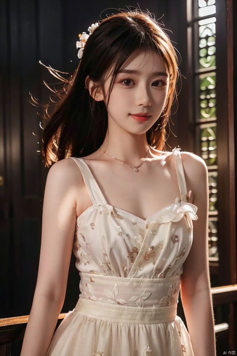  DSLR, (Good structure), HDR, UHD, 8K, A real person, Highly detailed, best quality, masterpiece, 1girl, realistic, Highly detailed, (EOS R8, 50mm, F1.2, 8K, RAW photo:1.2), ultra realistic 8k, (best illumination, best shadow, extremely delicate and beautiful), (official art, beautiful and aesthetic:1.2), solo, 1girl, , Wind, flowing hair, kind smile, , pose for picture, Dynamic pose, looking_at_viewer,jiajingwen, light master, Hair ornaments