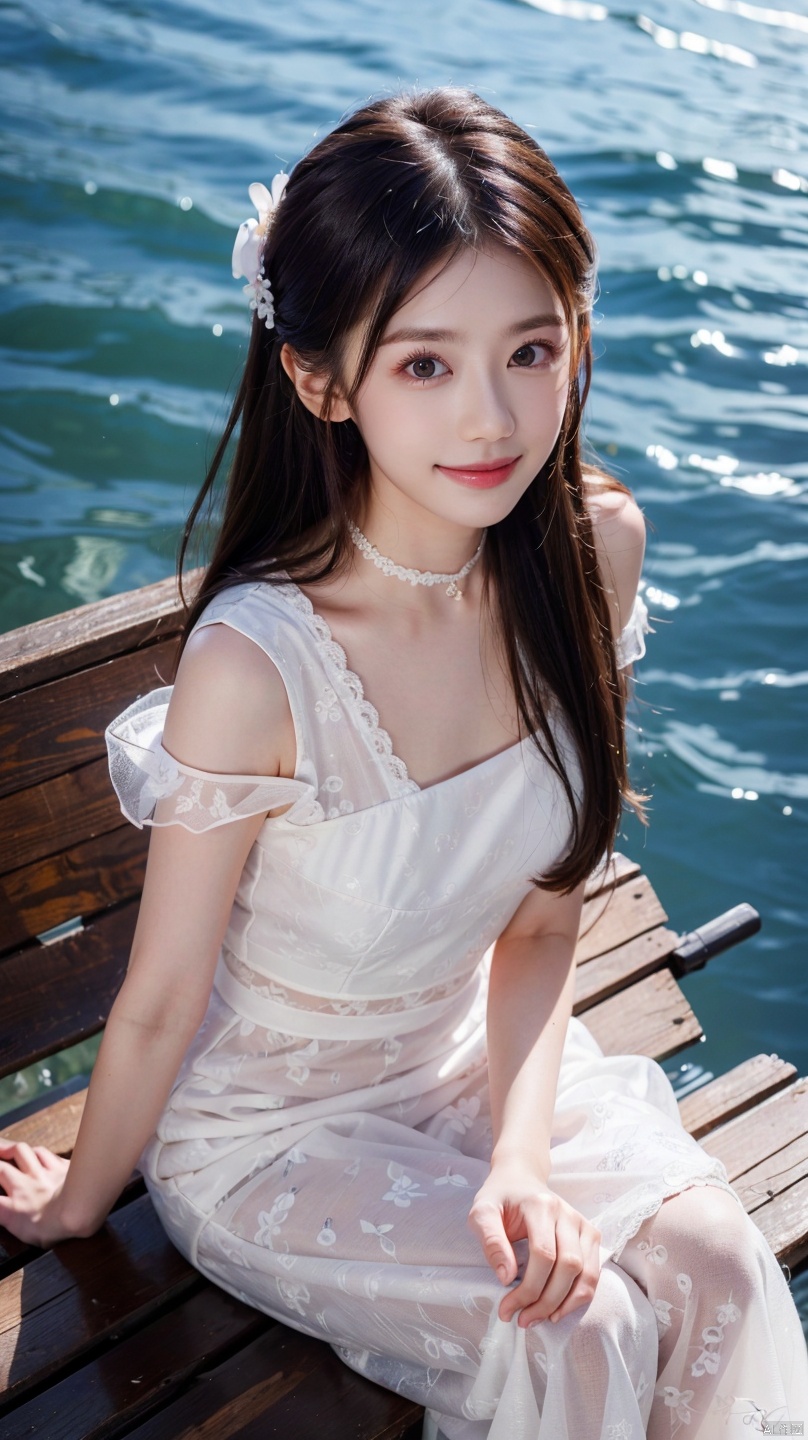  HDR, UHD, 8K, Highly detailed, best quality, masterpiece, 1girl, realistic, Highly detailed, (EOS R8, 50mm, F1.2, 8K, RAW photo:1.2), ultra realistic 8k cg,1 girl, solo focus,brown_hair,Long hair,Messy hair,Bangs,hair between eyes,Sidelocks,Hair over shoulder,very long hair,shiny hair,floating hairblue eyes,Bright eyes,big eyes,detailed eyes,beautiful eyes,hair ornament,hair flower,choker,frilled dress with lace,long dress,pleated dress,[loli],blush,blushing,smile,smiling,outdoors,water,flower,sitting in the ((sea of flowers)), flower field,meadow,beautiful detailed sky,feather,nature,(sunlight), skirt up,AGM,moist skin, shiny skin, glossy skin, (best illumination, best shadow, extremely delicate and beautiful), perfect lighting, original, highres, dynamic angle, floating,depth of field, caustics,lens flare,warm lighting,(official art,beautiful and aesthetic:1.2),beautiful face, perfect body,ultra detailed eyes,  jiajingwen