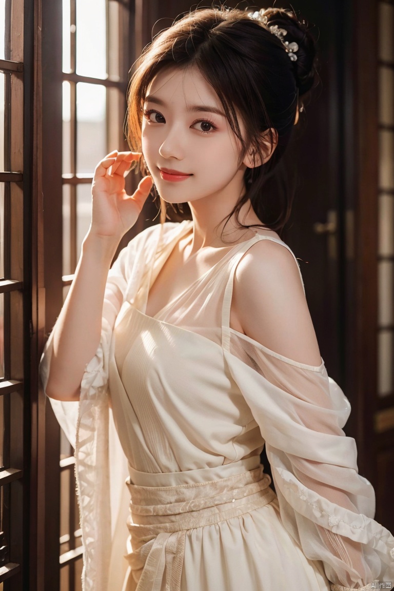  DSLR, (Good structure), HDR, UHD, 8K, A real person, Highly detailed, best quality, masterpiece, 1girl, realistic, Highly detailed, (EOS R8, 50mm, F1.2, 8K, RAW photo:1.2), ultra realistic 8k, (best illumination, best shadow, extremely delicate and beautiful), (official art, beautiful and aesthetic:1.2), solo, 1girl, , Wind, flowing hair, kind smile, , pose for picture, Dynamic pose, looking_at_viewer,jiajingwen, light master,Hair bun, Hair ornaments