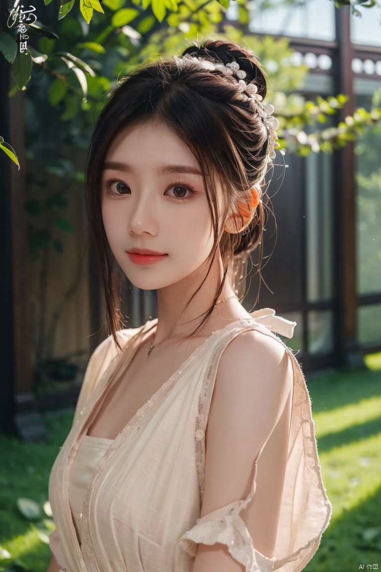  DSLR, (Good structure), HDR, UHD, 8K, A real person, Highly detailed, best quality, masterpiece, 1girl, realistic, Highly detailed, (EOS R8, 50mm, F1.2, 8K, RAW photo:1.2), ultra realistic 8k, (best illumination, best shadow, extremely delicate and beautiful), (official art, beautiful and aesthetic:1.2), solo, 1girl, , Wind, flowing hair, kind smile, , pose for picture, Dynamic pose, looking_at_viewer,jiajingwen, light master,Hair bun, Hair ornaments
