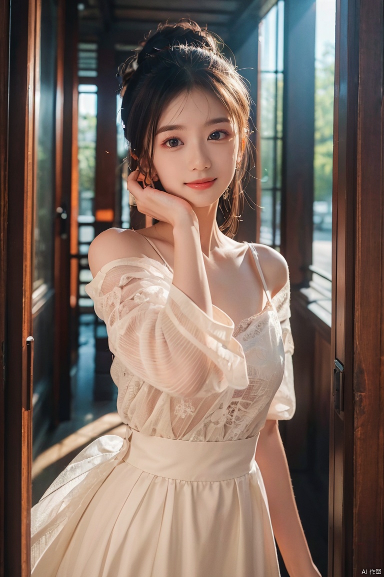  DSLR, (Good structure), HDR, UHD, 8K, A real person, Highly detailed, best quality, masterpiece, 1girl, realistic, Highly detailed, (EOS R8, 50mm, F1.2, 8K, RAW photo:1.2), ultra realistic 8k, (best illumination, best shadow, extremely delicate and beautiful), (official art, beautiful and aesthetic:1.2), solo, 1girl, , Wind, flowing hair, kind smile, , pose for picture, Dynamic pose, looking_at_viewer,jiajingwen, light master,Hair bun, Hair ornaments