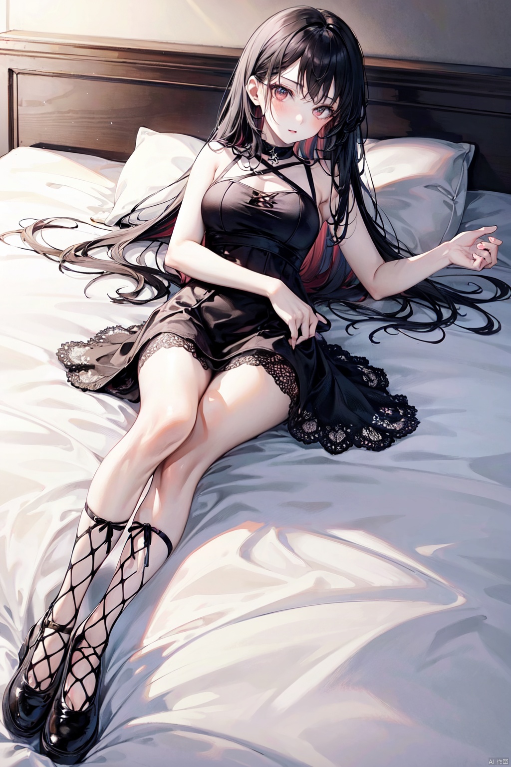  1girl, pale skin,black hair,long_hair,indoors,lying, bedroom,bed, lace up socks