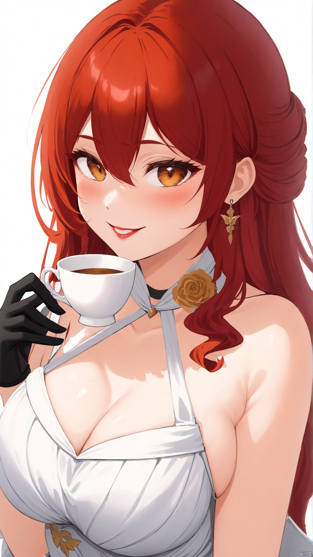 1girl, breasts, solo, cup, gloves, cleavage, mole_on_breast, single_glove, holding_cup, looking_at_viewer, smile, holding, black_gloves, mole, sleeveless, closed_mouth, white_background, sleeveless_dress, simple_background, teacup, white_dress, nail_polish, hair_between_eyes, earrings, lipstick, makeup, large_breasts, holding_plate, jewelry, red_nails