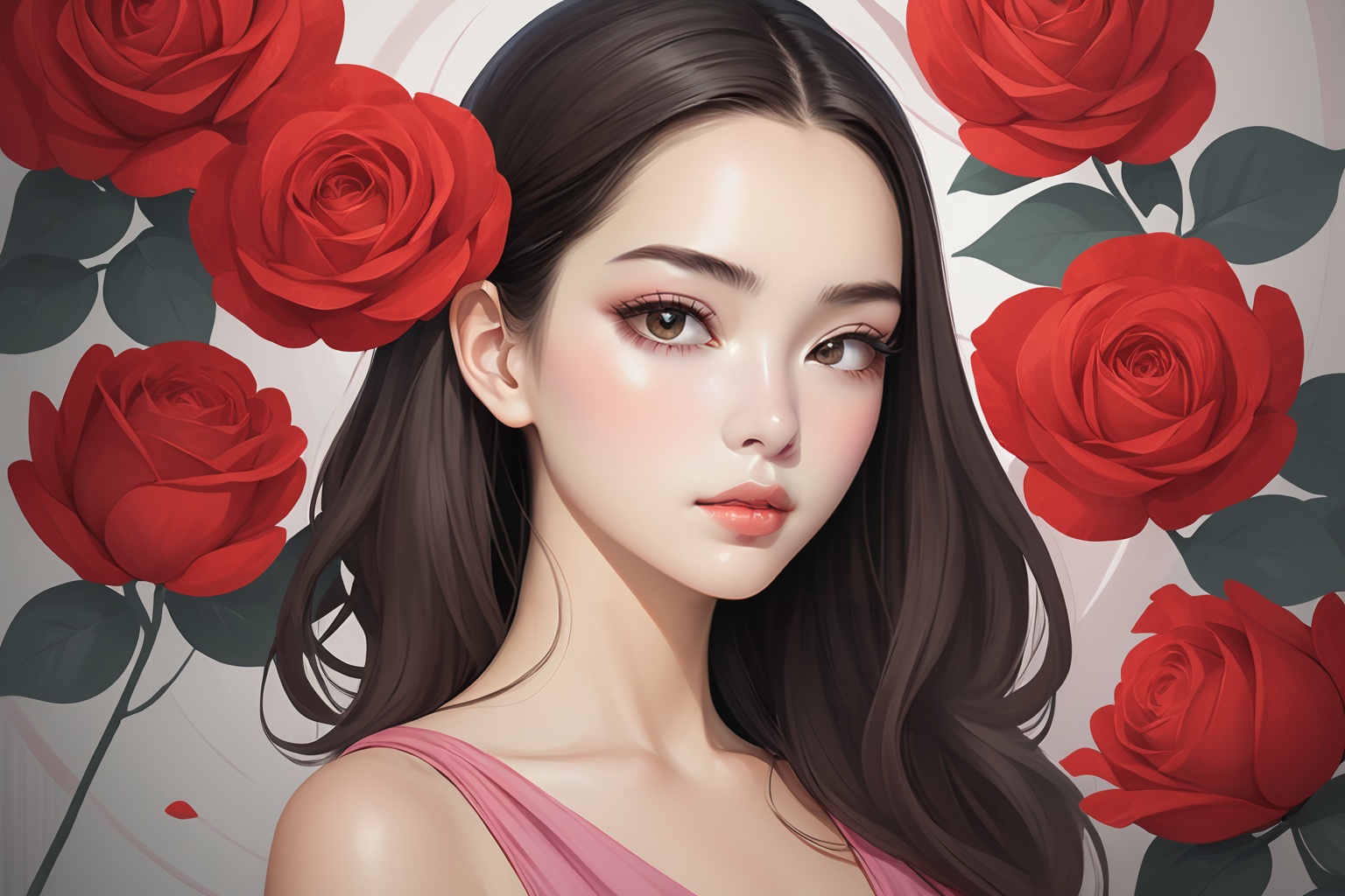 Create a modern-styled sketch portrait of a gentle lady inspired by roses and love,  utilizing the vibrant color palettes...