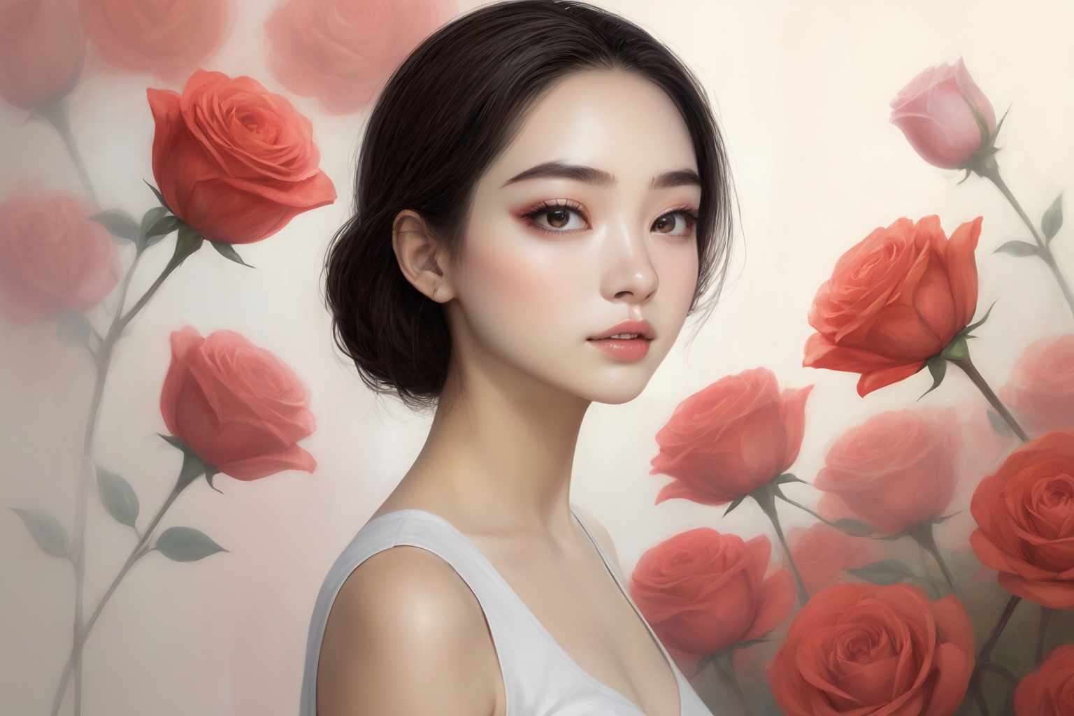 Create a modern-styled sketch portrait of a gentle lady inspired by roses and love,  utilizing the vibrant color palettes...
