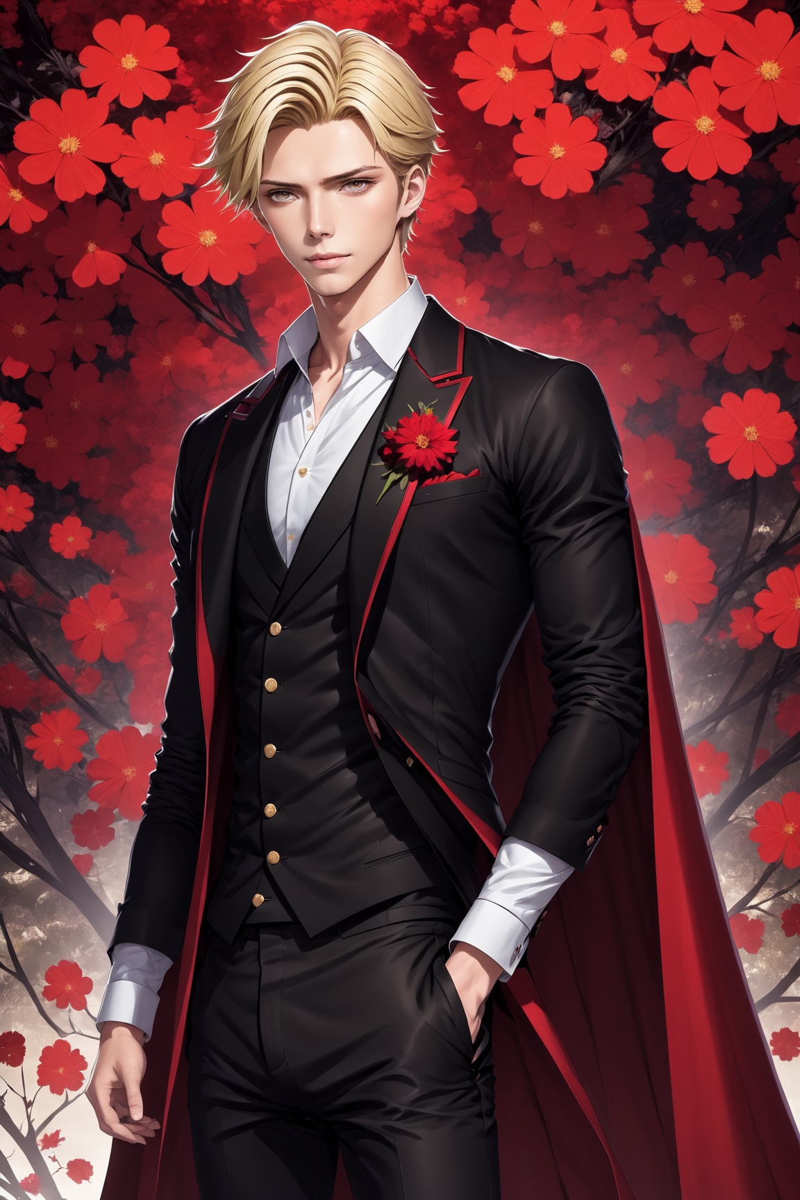 (Tall young handsome man,  blonde,  red eyes on Tensor.Art