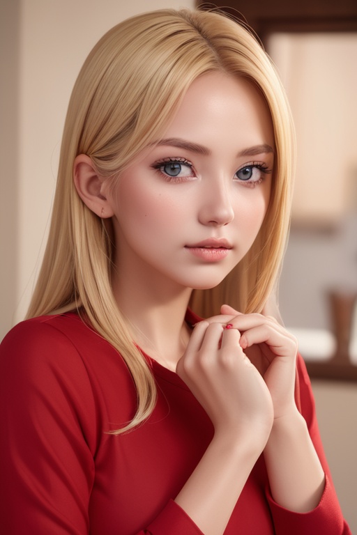 RAW photo,  portrait of a beautiful blonde woman wearing a red shirt ,  8k uhd on Tensor.Art