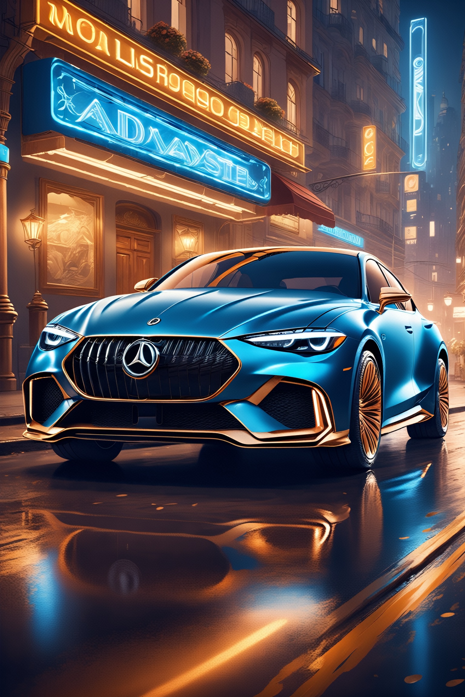 Generate a detailed image of a luxurious vehicle in a futuristic city surrounded by neon lights.,  Masterpiece on Tensor.Art