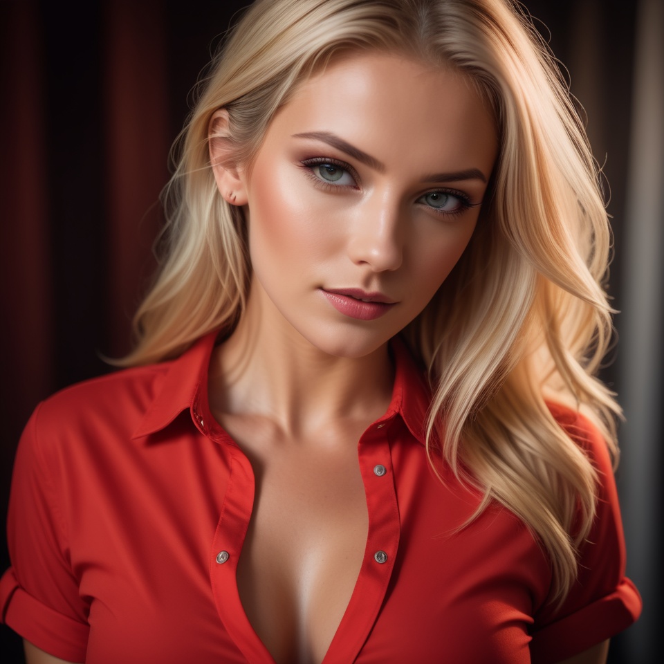 RAW photo,  portrait of a beautiful blonde woman wearing a red shirt ,  8k uhd on Tensor.Art