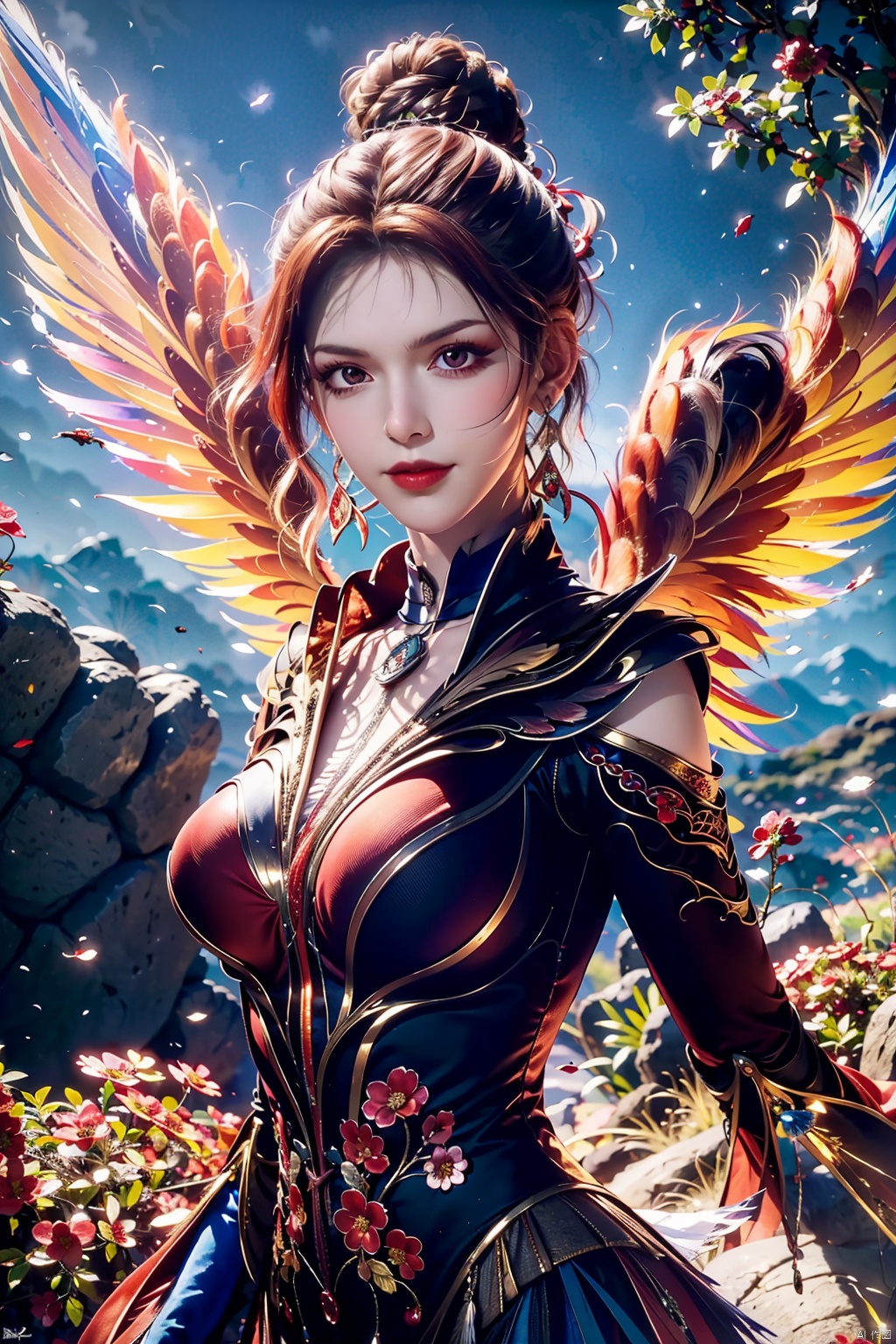  (8k, RAW photo, best quality, masterpiece:1.2),(realistic, photo-realistic:1.1),ultra-detailed,extremely detailed cg 8k wallpaper,(crystalstexture skin:1.4),(extremely delicate and beautiful), solo,,(((wings, feathered_wings,))),1girl,portrait,solo,(smile),(red eyes,glass slipper ),earrings,jewelry,closed mouth,,smile,collarbone,red lips,(white skin),outdoors,detached sleeves,perfect hand,hs,(fantastic scenery, Rainbow, Sky,cherry blossoms,flowers,butterfly,mountain,spring \(season\), ,arm behind back,((looking at viewer)), 1girl,, flower_field, lips, (phoenix, dress, red_dress,embers, fiery_wings, feathered_wings, short hair, ), , mxt