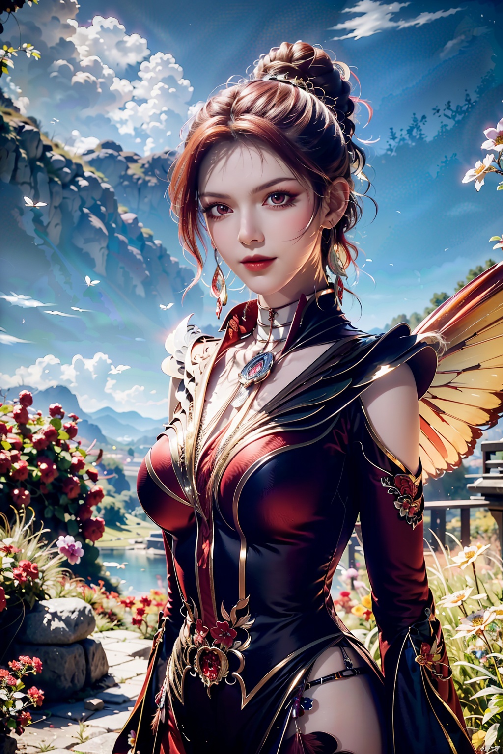  (8k, RAW photo, best quality, masterpiece:1.2),(realistic, photo-realistic:1.1),ultra-detailed,extremely detailed cg 8k wallpaper,(crystalstexture skin:1.4),(extremely delicate and beautiful), solo,,(((wings, feathered_wings,))),1girl,portrait,solo,(smile),(red eyes,glass slipper ),earrings,jewelry,closed mouth,,smile,collarbone,red lips,(white skin),outdoors,detached sleeves,perfect hand,hs,(fantastic scenery, Rainbow, Sky,cherry blossoms,flowers,butterfly,mountain,spring \(season\), ,arm behind back,((looking at viewer)), 1girl,, flower_field, lips, (phoenix, dress, red_dress,embers, fiery_wings, feathered_wings, short hair, ), , mxt