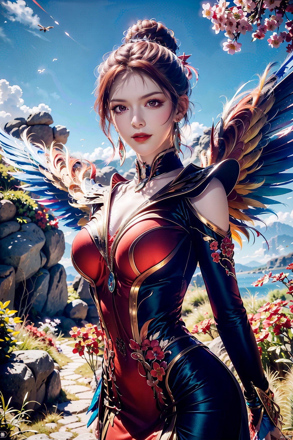  (8k, RAW photo, best quality, masterpiece:1.2),(realistic, photo-realistic:1.1),ultra-detailed,extremely detailed cg 8k wallpaper,(crystalstexture skin:1.4),(extremely delicate and beautiful), solo,,(((wings, feathered_wings,))),1girl,portrait,solo,(smile),(red eyes,glass slipper ),earrings,jewelry,closed mouth,,smile,collarbone,red lips,(white skin),outdoors,detached sleeves,perfect hand,hs,(fantastic scenery, Rainbow, Sky,cherry blossoms,flowers,butterfly,mountain,spring \(season\), ,arm behind back,((looking at viewer)), 1girl,, flower_field, lips, (phoenix, dress, red_dress,embers, fiery_wings, feathered_wings, short hair, ), , mxt