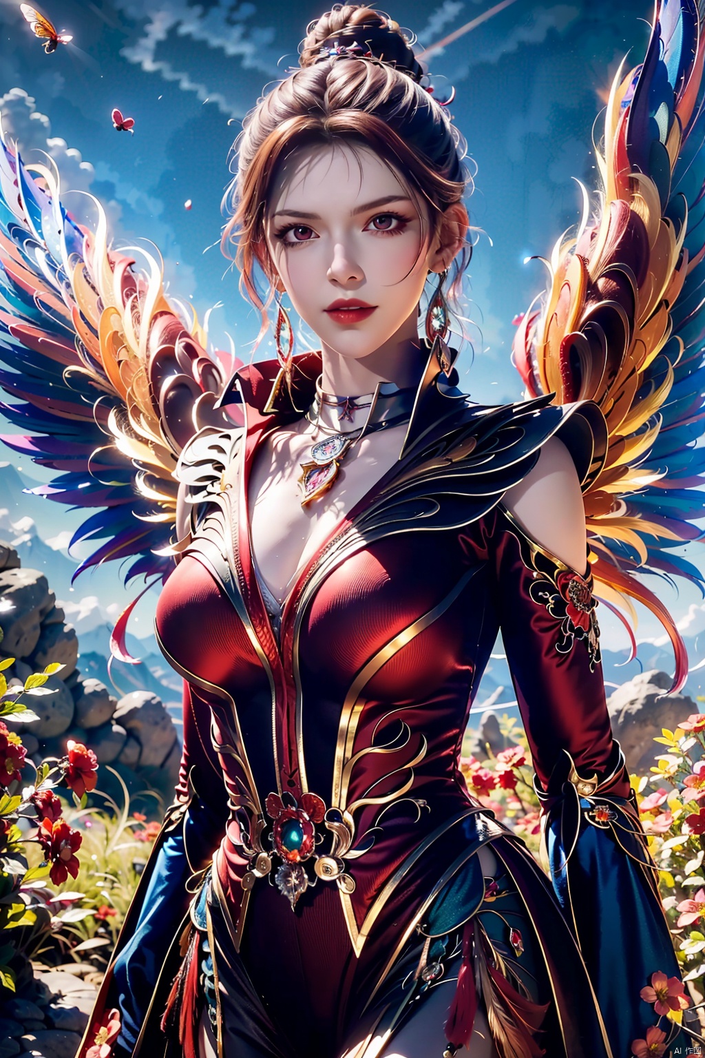  (8k, RAW photo, best quality, masterpiece:1.2),(realistic, photo-realistic:1.1),ultra-detailed,extremely detailed cg 8k wallpaper,(crystalstexture skin:1.4),(extremely delicate and beautiful), solo,,(((wings, feathered_wings,))),1girl,portrait,solo,(smile),(red eyes,glass slipper ),earrings,jewelry,closed mouth,,smile,collarbone,red lips,(white skin),outdoors,detached sleeves,perfect hand,hs,(fantastic scenery, Rainbow, Sky,cherry blossoms,flowers,butterfly,mountain,spring \(season\), ,arm behind back,((looking at viewer)), 1girl,, flower_field, lips, (phoenix, dress, red_dress,embers, fiery_wings, feathered_wings, short hair, ), , mxt