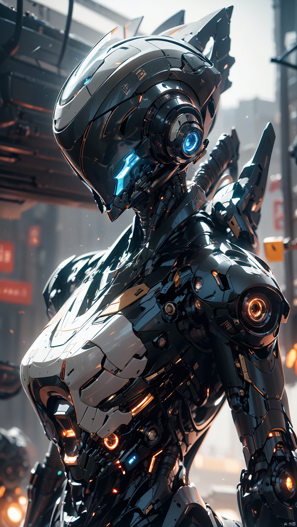  robot,blurry,Mecha,Full mecha,Upper body, blurry background, cable, depth of field,Streamlined mecha, glowing,Luminous mecha,Complex mechanical structures,Non humanoid head features,One eyed like a camera lens,Glowing Cyclops,White and black mecha,Multi light source mecha, glowing eyes, lights, machinery, mecha, power armor, robot, robot joints, science fiction, solo, Robot