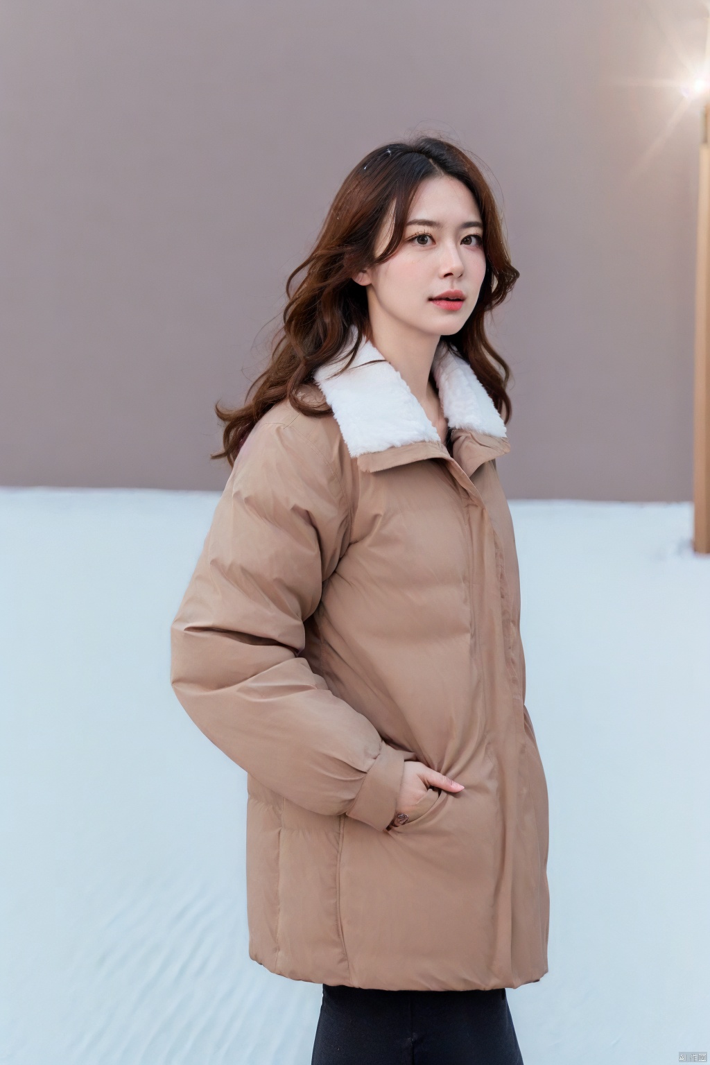 (1girl:1.3), (best quality, masterpiece, ultra high resolution),(photorealistic:1.3), (realistic:1.3), depth of field,(cinematic lighting:1.2), beautiful face, snow background, winter, big snow, puffer jacket